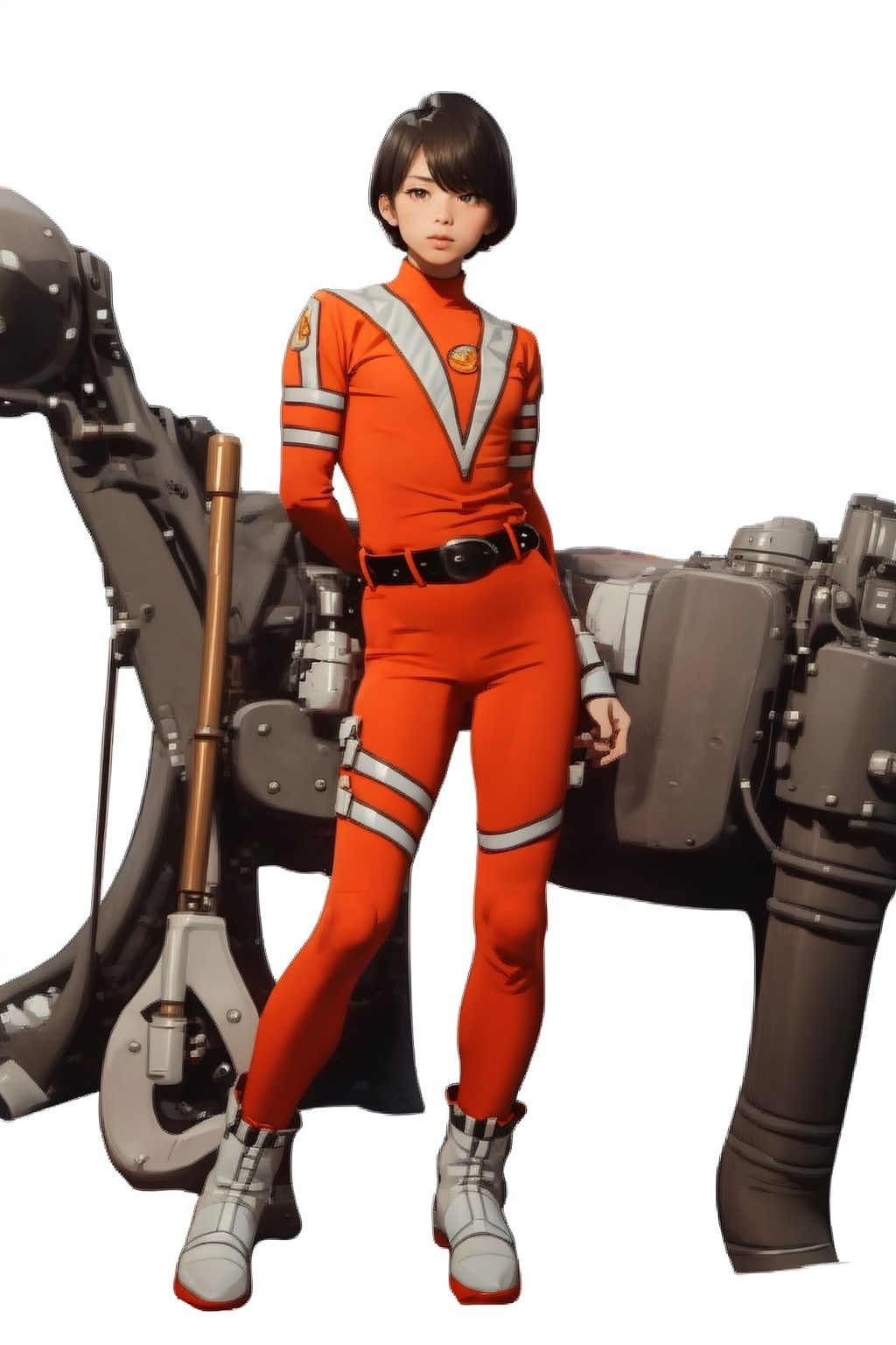 (masterpiece:1.3), (the best quality:1.2), (super fine illustrations:1.2), (Masterpiece), high quality, high detail,((white background:1.2)), looking at viewer, (SOLO:1.4),outline,,simple background, bodysuit, orange shirt, orange legwear, jacket, belt, gloves, boots,odysuit