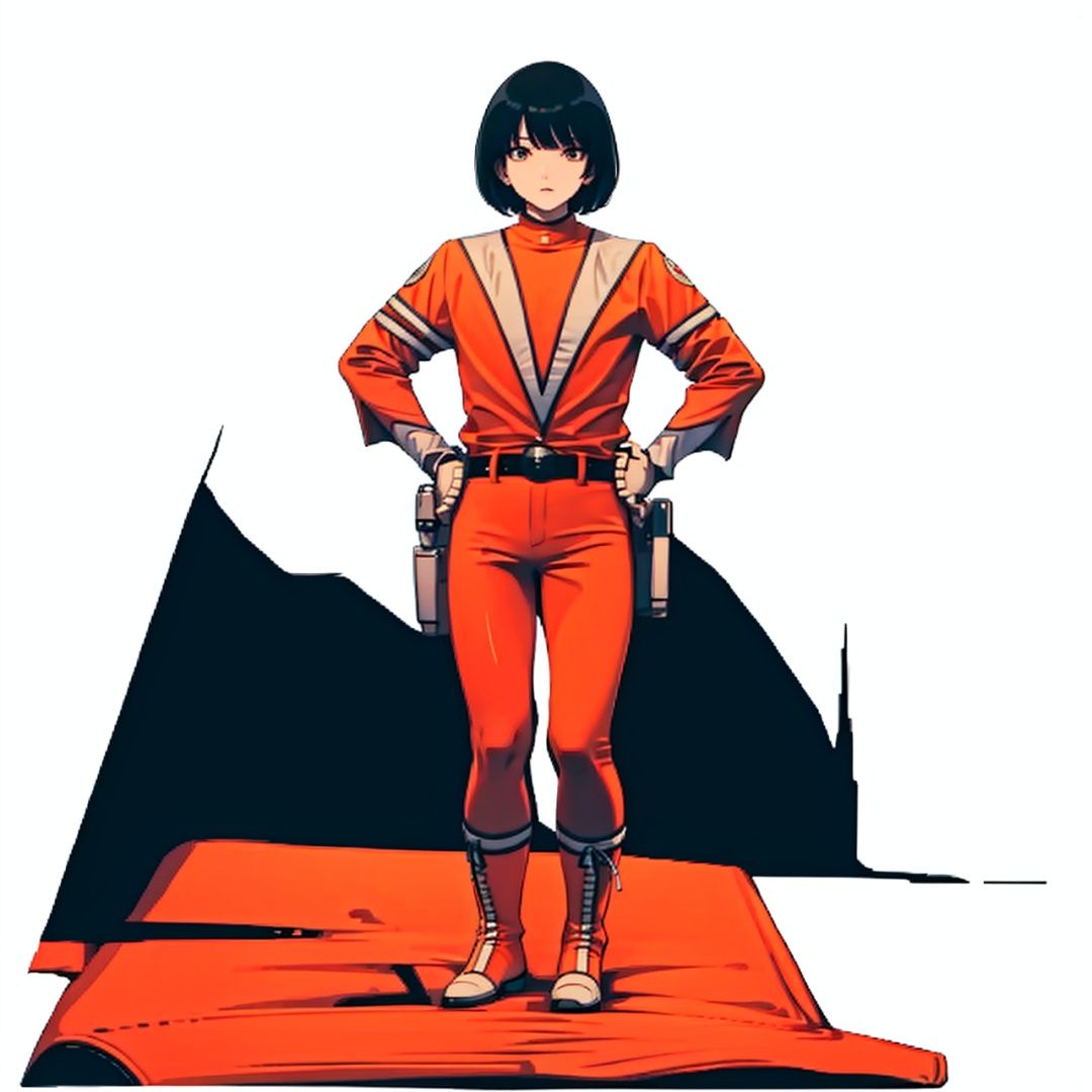 (masterpiece:1.3), (the best quality:1.2), (super fine illustrations:1.2), (Masterpiece), high quality, high detail,((white background:1.2)), looking at viewer, (SOLO:1.4),outline,,simple background, bodysuit, orange shirt, orange legwear, jacket, belt, gloves, boots,odysuit