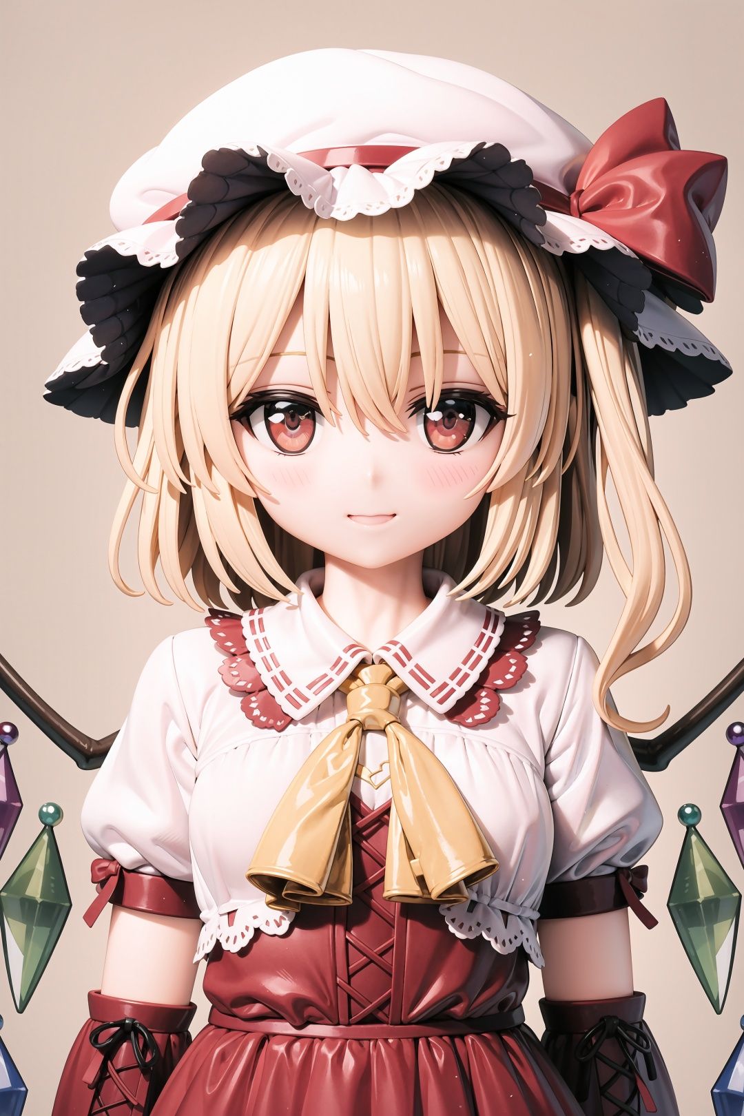 Flandre Scarlet, zun hat, extremely detailed lace, :),  upper body, arms at sides, lace, golden hair