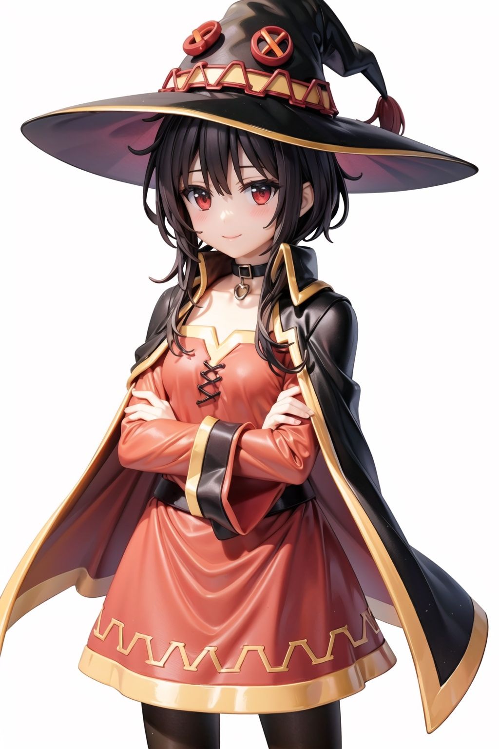 Huihui, , 1girl, hat, megumin, solo, witch hat, red eyes, cape, black hair, short hair, short hair with long locks, smile, shaded face, choker, collar