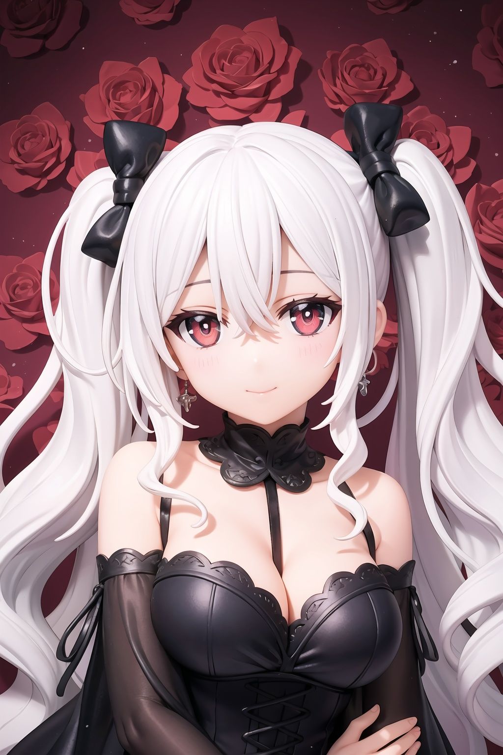 girl,expressionless,((wavy hair)),(disheveled hair:1.3),(symmetry:1.2),messy hair,long bangs,hairs between eyes,detailed extremely,sitting,((loli)),gothic_lolita,red pupils,white hair,red Surrounded by roses,A colorful tulle dress,Exquisite details,beautiful eyes,The background of a nighttime human wonderland,a magical background,fireflies,A slender and delicate beautiful  face,1girl,breasts,solo,cleavage,looking at viewer,twintails,large breasts,long hair,dress,bare shoulders,bangs,ribbon,smile,upper body,hair ribbon,earrings,8K quality,realistic visuals,volumetric lighting,cinematic image quality,ultimate details,complex and exquisite details,