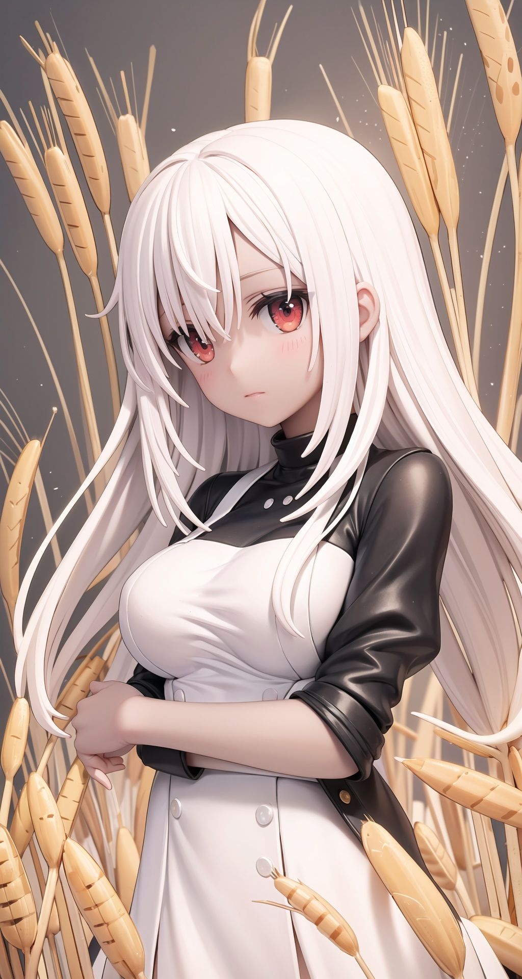 (wheat color skin: 1.3),  (best quality: 1.2),  white hair,  big breasts,  alternate costume,  red eyes,  high detail,  expressionless,  Glowing eyes, Long straight hair, hair accessories, flower