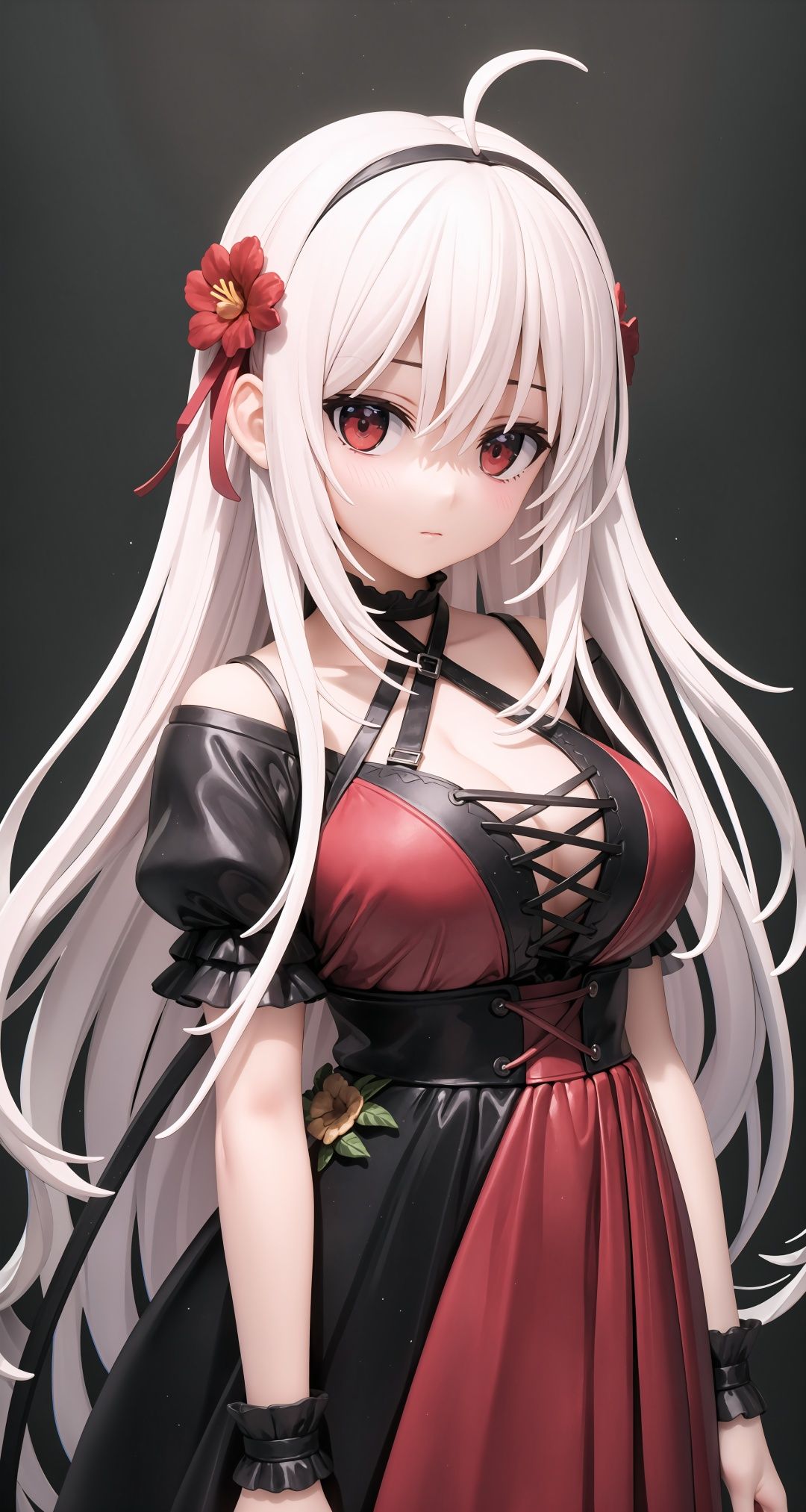 (masterpiece:1.3), (best quality:1.2), white hair, big breasts, alternate costume, red eyes, high detail, expressionless, Glowing eyes, Long straight hair, hair accessories, flower