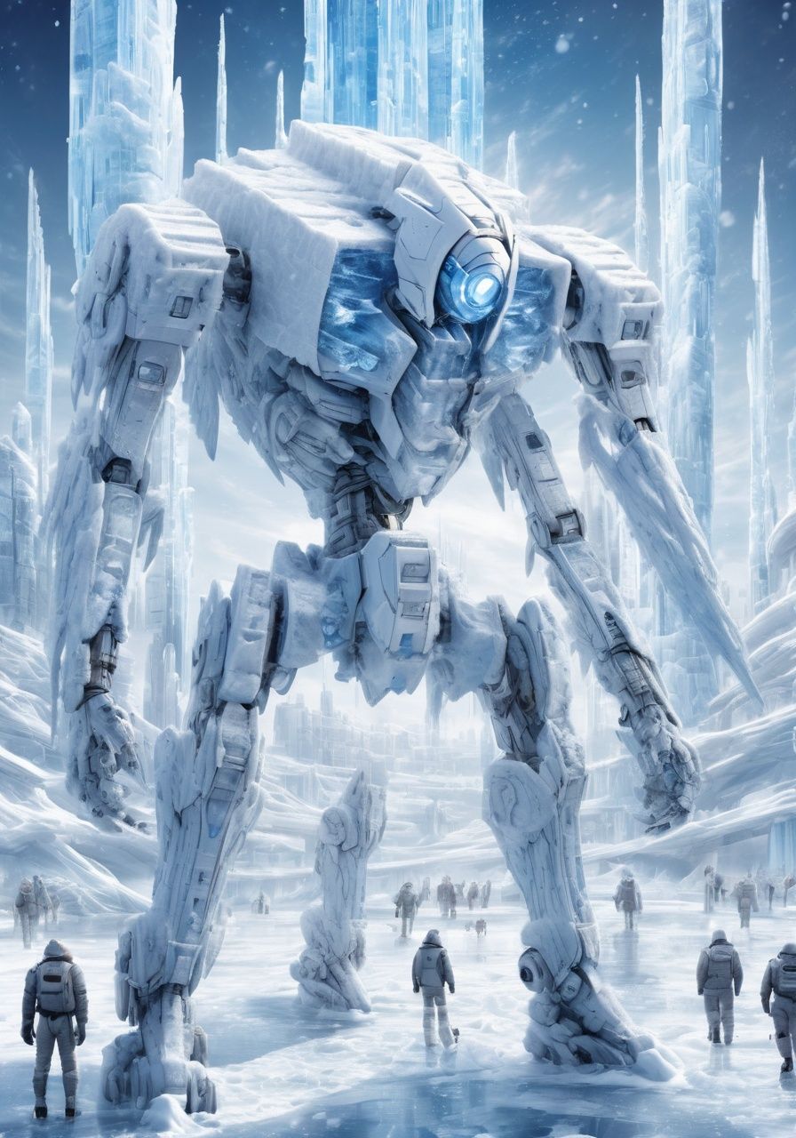 ultra-high precision detail,8k,<lora:科幻-雪城黑红sdxl:0.6>,ice,snow,the surface of this distant planet is covered with white ice,for tens of thousands of years as the temperature drops,(GUNDAM:1.1),huge artificial urban structure stuck in ice,equipment and machinery in the city have long ceased to function,only the ice-locked form stands on the ice sheet,like a predatory monster,it shows the outline of its bones,(Masterpiece, high quality, best quality, official art, beauty and aesthetics:1.2),robot joints,Explore this Midjourney style in,