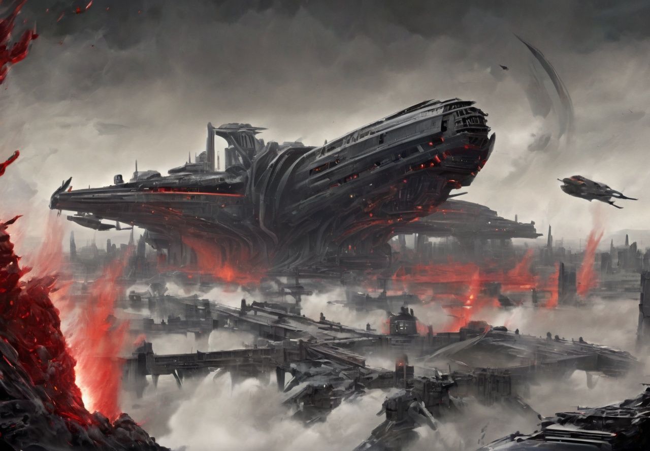 <lora:科幻-雪城黑红sdxl:1>,doomsday city,8k,real,sci-fi wind,blood and black,high-precision machinery,<lora:wanxiang_V2-000002:1>,planet,battleship,