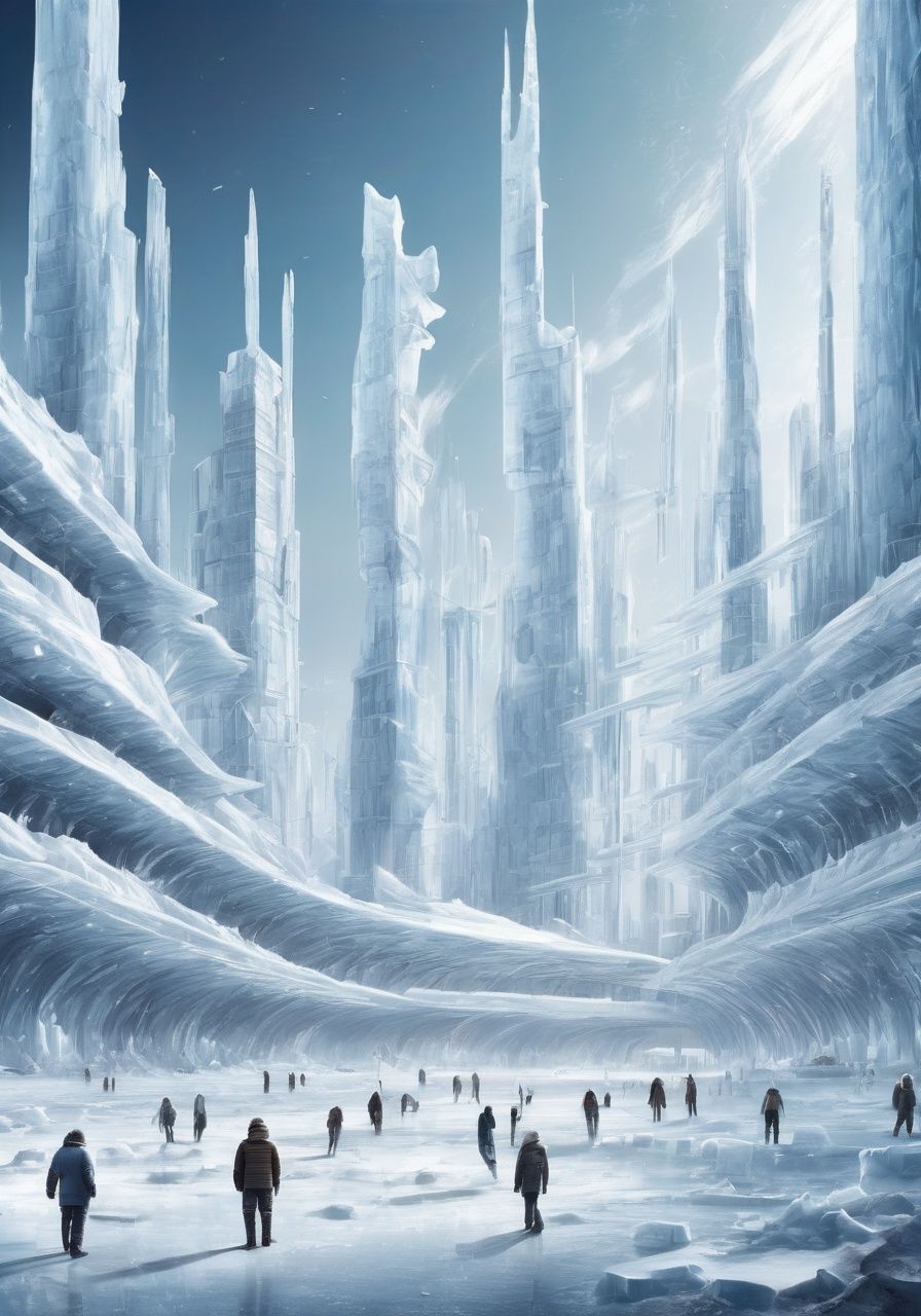 <lora:科幻-雪城黑红sdxl:0.6>,ice,snow,the surface of this distant planet is covered with white ice,for tens of thousands of years as the temperature drops,huge artificial urban structure stuck in ice,equipment and machinery in the city have long ceased to function,only the ice-locked form stands on the ice sheet,like a predatory monster, it shows the outline of its bones,