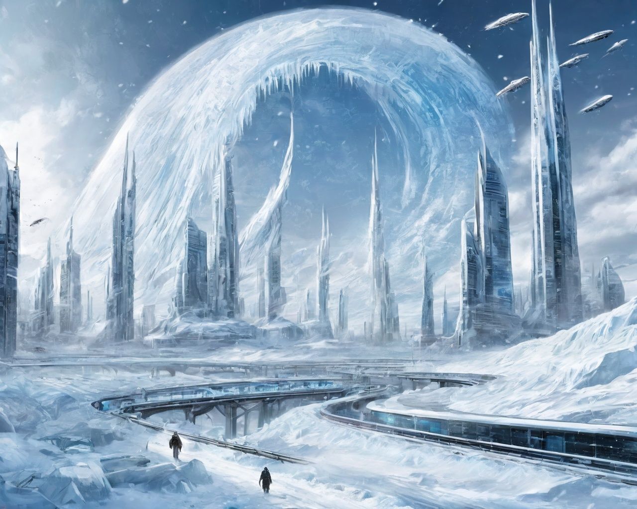 science and technology wind,science fiction,snow,ice,city,<lora:科幻-雪城黑红sdxl:0.5>,