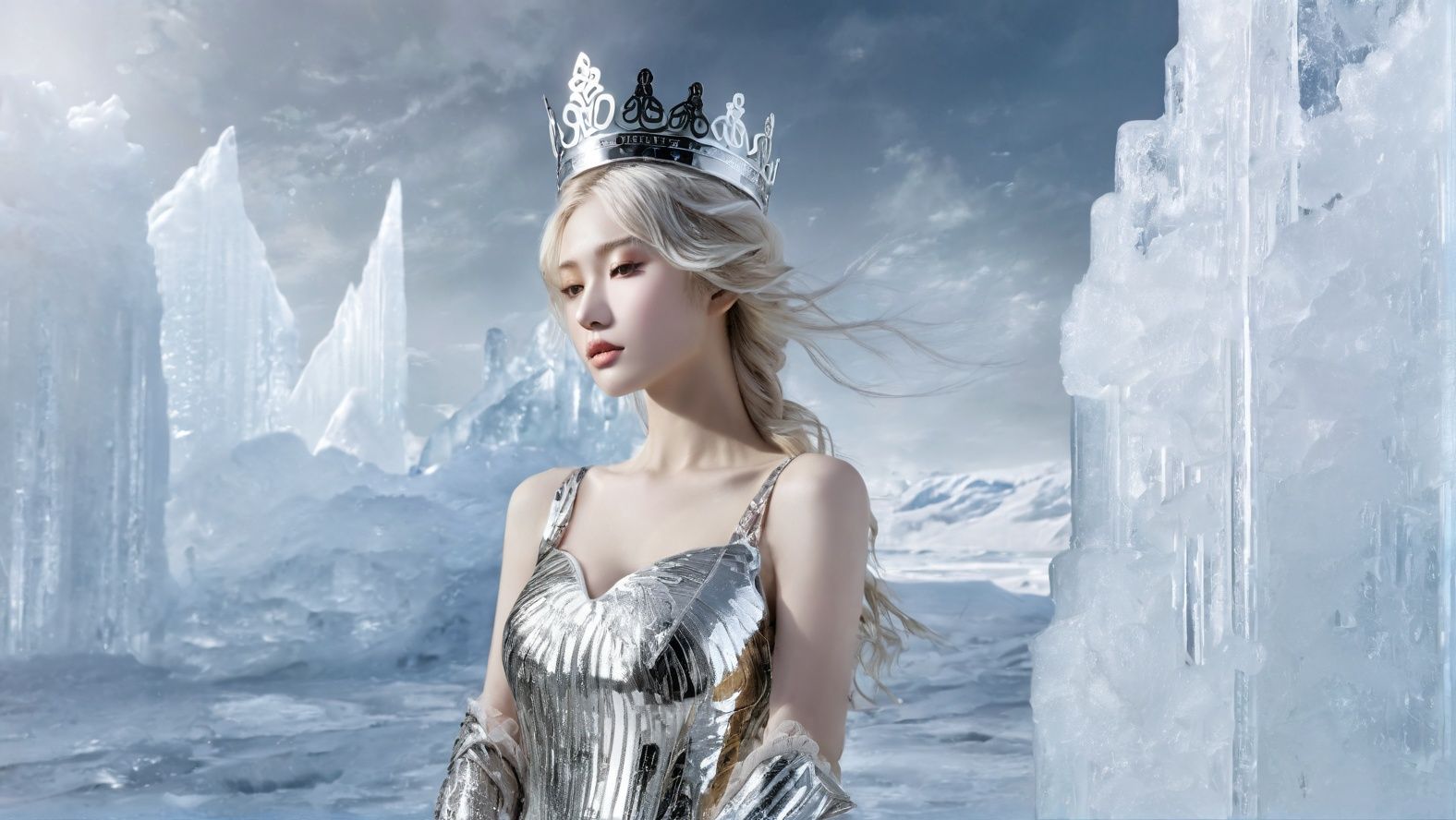 (1girl:1.1),(solo:1.5),Extremely gorgeous metal style,Metal crown with ornate stripes,Various metals background,Sputtered molten iron,floating hair,Hair like melted metal,Clothes made of silver,Clothes with gold lace,flowing gold and silver,everything flowing and melt,flowing iron,flowing silver,lace flowing and melt,<lora:0902xl试验班014:0.7>,ukl,background future city,sci-fi wind,snow,ice,upper_body,portrait,8k,high quality,photo,iceberg,<lora:科幻-雪城黑红sdxl:0.3>,