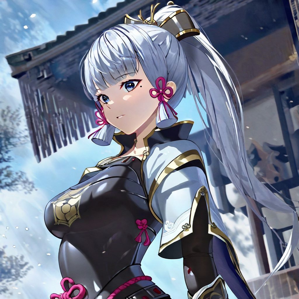 shenli, 1girl, solo, breastplate, armor, kamisato ayaka, bangs, blue eyes, mole, ponytail