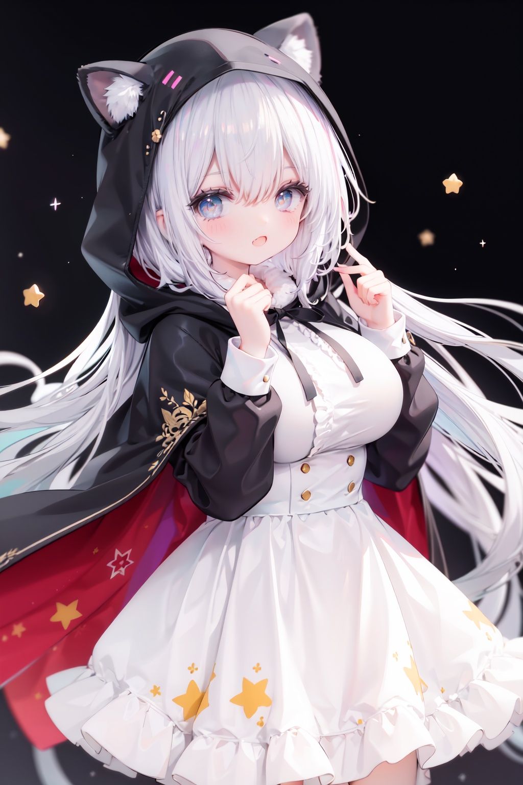 masterpiece, ((best quality)),  dynamic angle, chromatic aberration, ((colorful)),1girl, solo, hood, animal hood, breasts, frills, smile, hood up, yellow eyes, capelet, hair between eyes, blush, dress, long sleeves, looking at viewer, animal ears, large breasts, black ribbon, bangs, puffy long sleeves, :d, frilled dress, hand up, open mouth, white dress, puffy sleeves, hooded capelet, virtual *******r, frilled capelet, fang, white capelet, star (symbol)