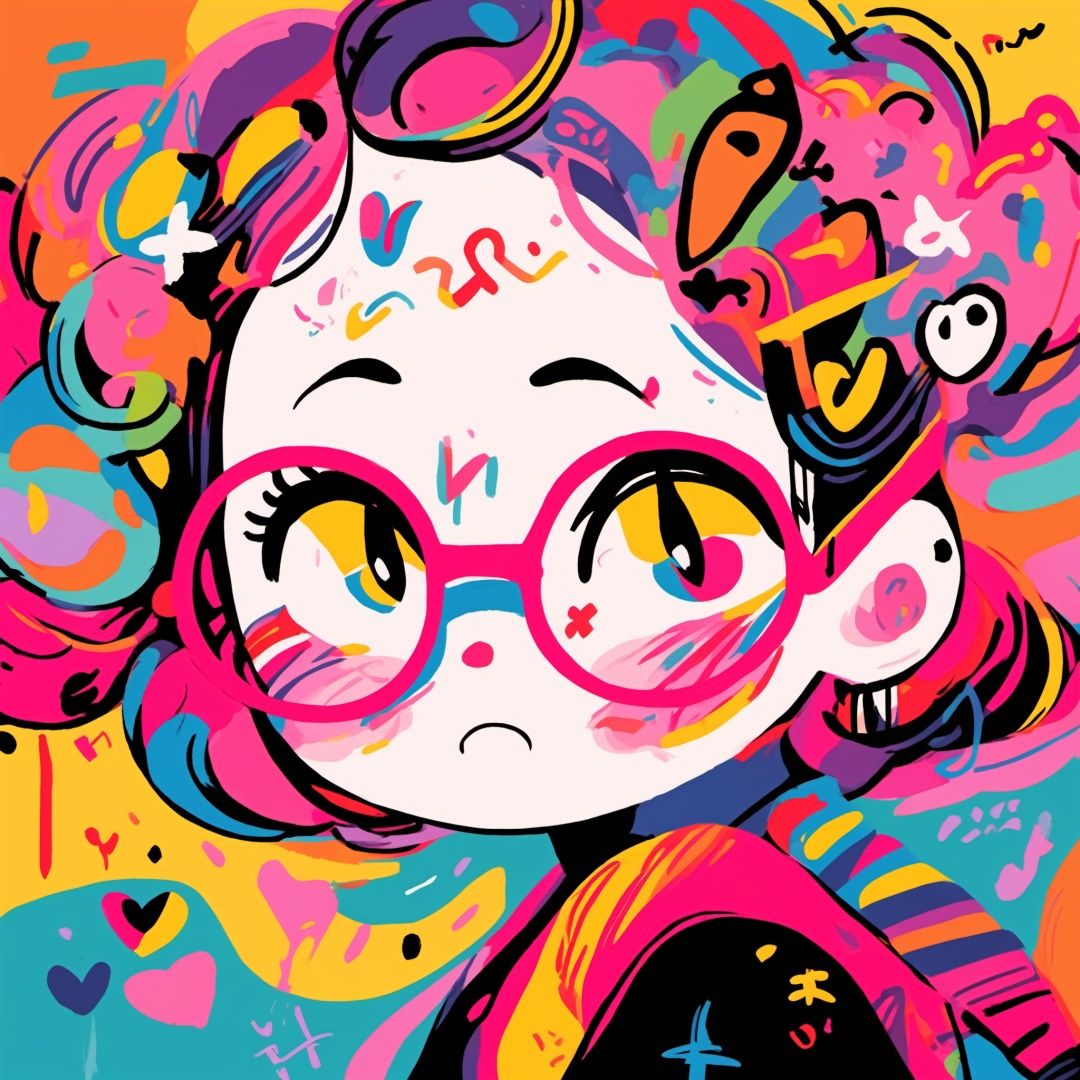 A girl, doodling, colorful,wearing glasses, crying