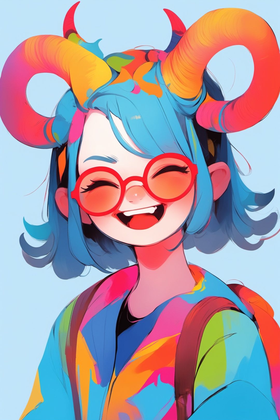 A girl, horns, glasses, happy, full body description, blue background
