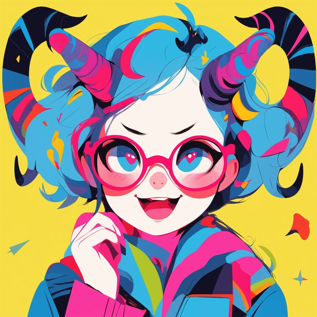 A girl, horns, glasses, happy, blue background