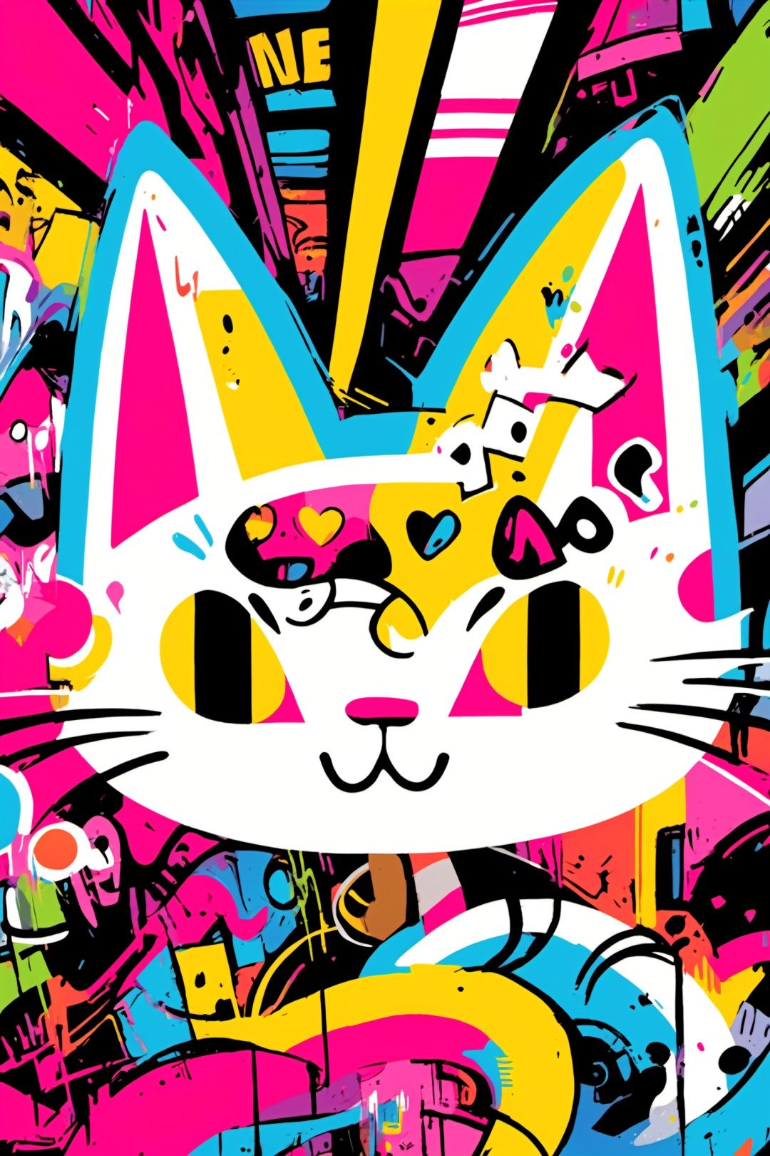 A white cat, graffiti, colorful