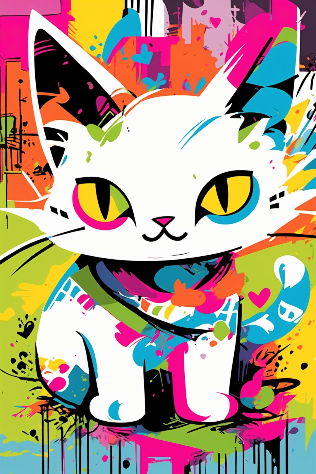 A white cat, graffiti, colorful