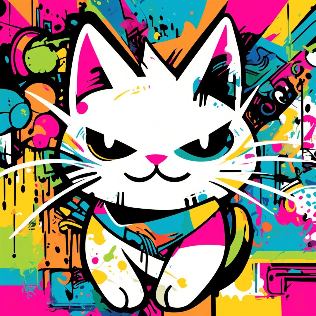 A white cat, graffiti, colorful