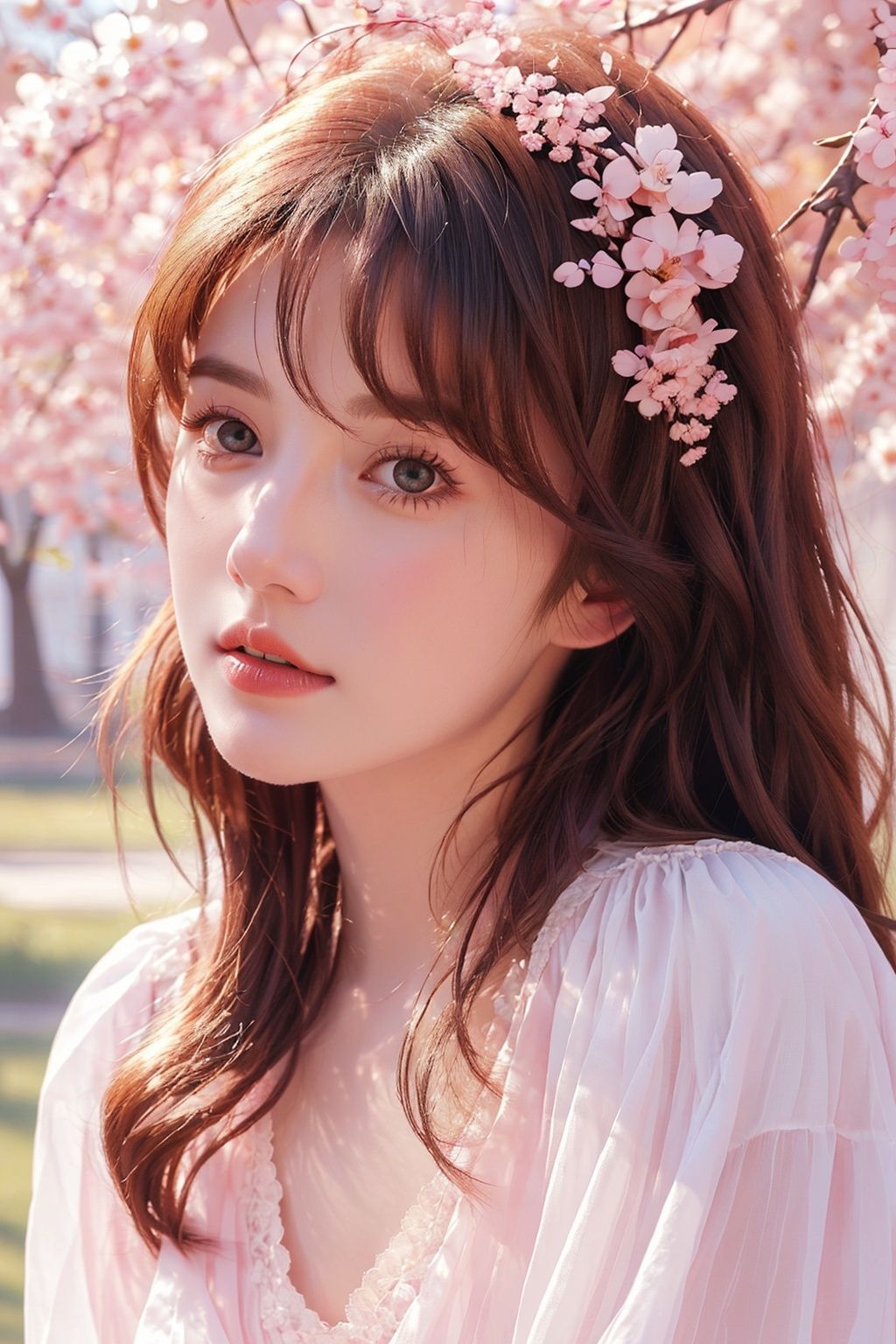(detailed face, perfect face, perfect eyes, realistic eyes, perfect fingers),(clear face),fantasy girl,long hair,hair ornaments,looking at viewer,outdoors,beautiful girl,knees up,standing lolita1,dress,flower,(looking at the camera:1.2),portrait,(photorealistic:1.2),