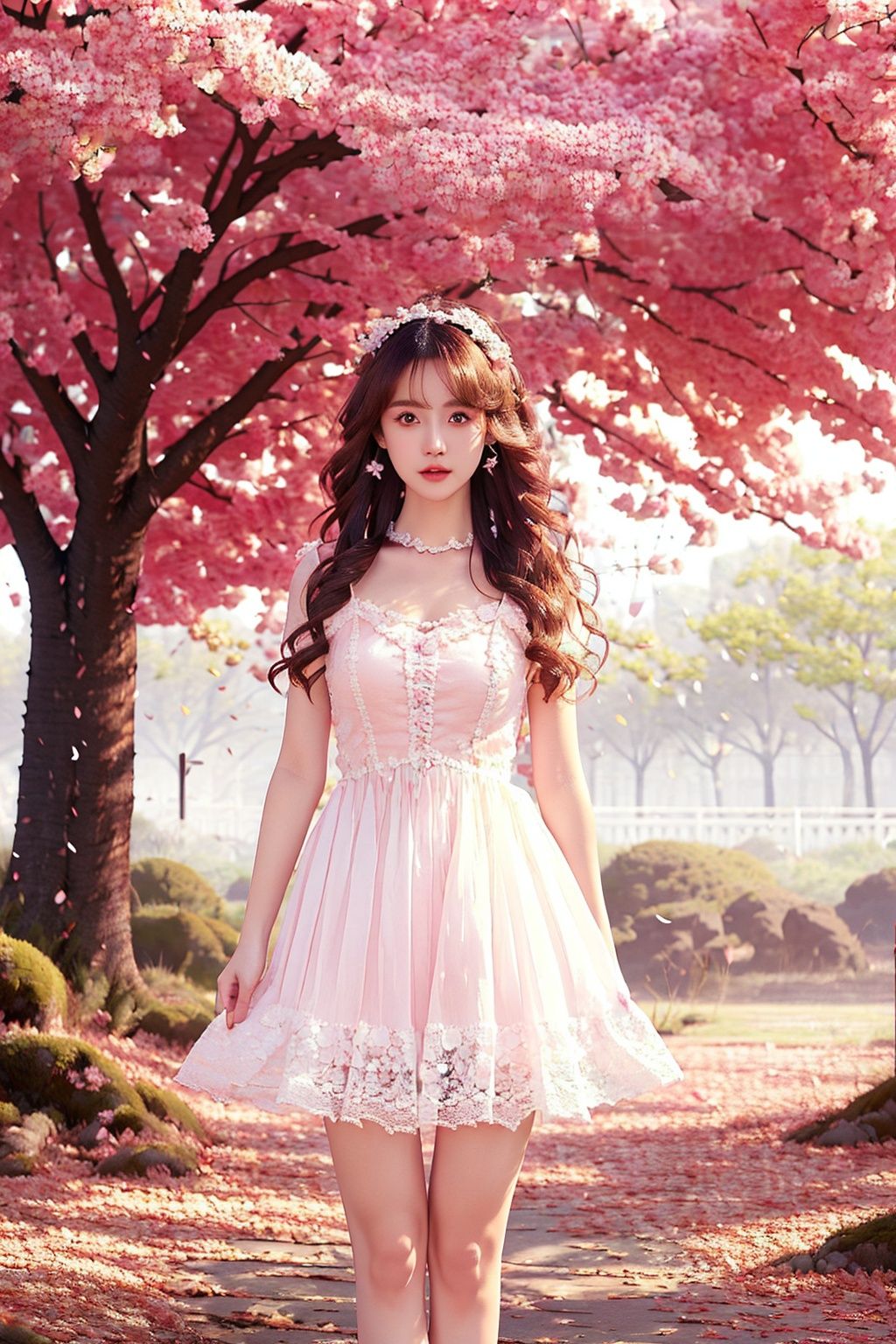 (detailed face, perfect face, perfect eyes, realistic eyes, perfect fingers),(clear face),fantasy girl,long hair,hair ornaments,looking at viewer,outdoors,beautiful girl,knees up,standing lolita1,dress,flower,(looking at the camera:1.2),portrait,(photorealistic:1.2),
