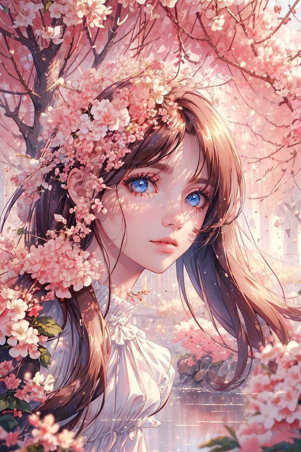(detailed face, perfect face, perfect eyes, realistic eyes, perfect fingers),(clear face),fantasy girl,long hair,hair ornaments,looking at viewer,outdoors,beautiful girl,knees up,standing lolita1,dress,flower,(looking at the camera:1.2),portrait,(photorealistic:1.2),