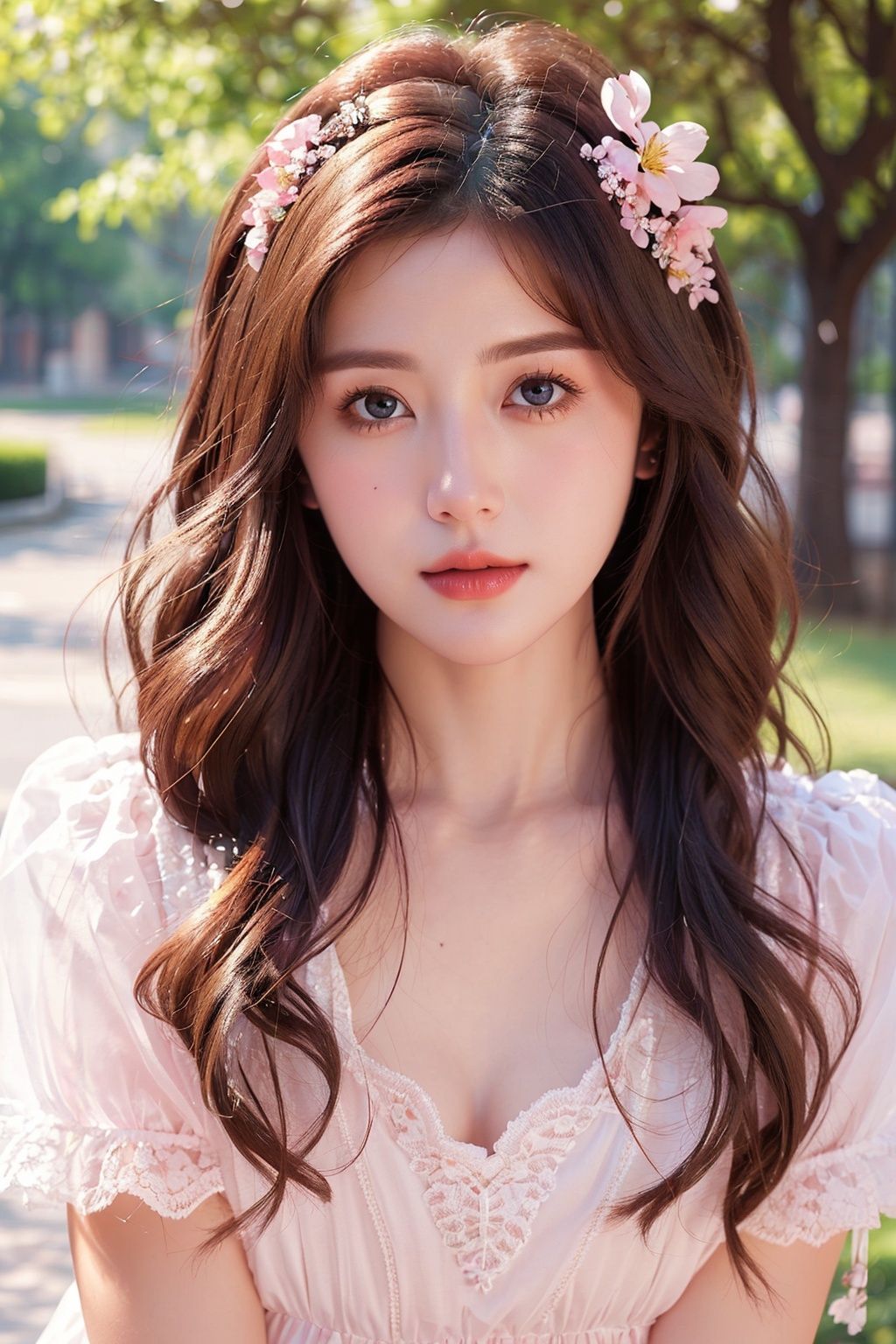 (detailed face, perfect face, perfect eyes, realistic eyes, perfect fingers),(clear face),fantasy girl,long hair,hair ornaments,looking at viewer,outdoors,beautiful girl,knees up,standing lolita1,dress,flower,(looking at the camera:1.2),portrait,(photorealistic:1.2),