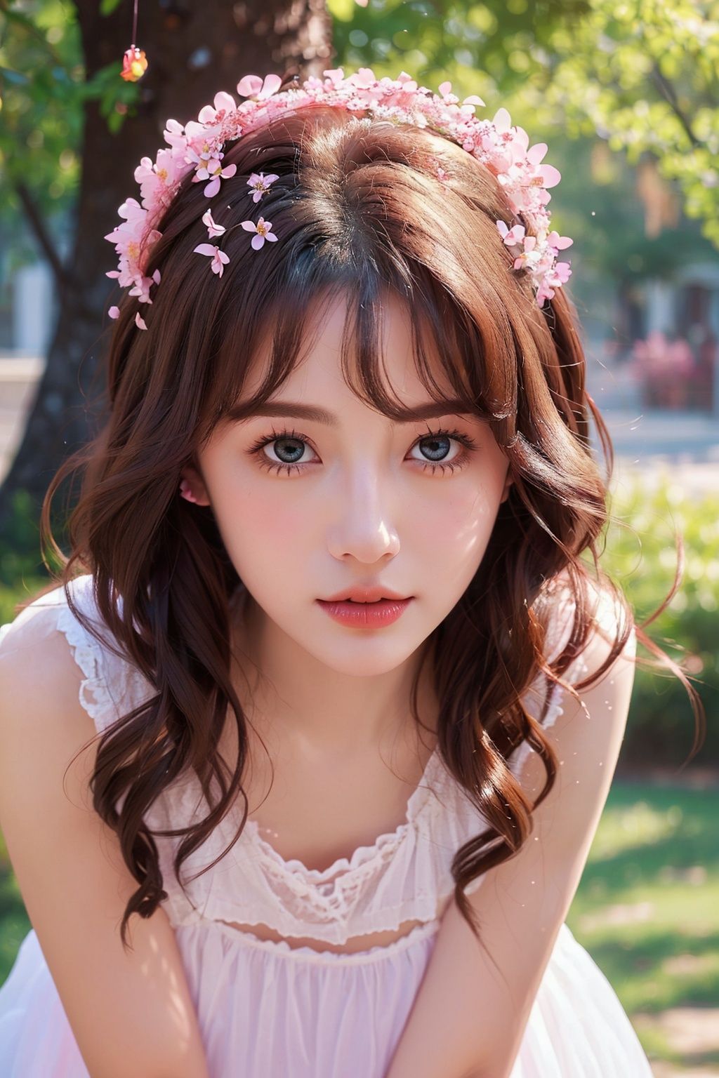 (detailed face, perfect face, perfect eyes, realistic eyes, perfect fingers),(clear face),fantasy girl,long hair,hair ornaments,looking at viewer,outdoors,beautiful girl,knees up,standing lolita1,dress,flower,(looking at the camera:1.2),portrait,(photorealistic:1.2),