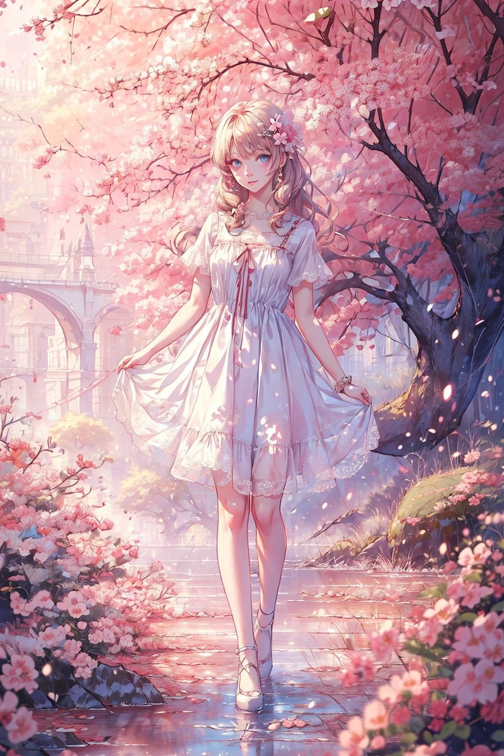 (detailed face, perfect face, perfect eyes, realistic eyes, perfect fingers),(clear face),fantasy girl,long hair,hair ornaments,looking at viewer,outdoors,beautiful girl,knees up,standing lolita1,dress,flower,(looking at the camera:1.2),portrait,(photorealistic:1.2),