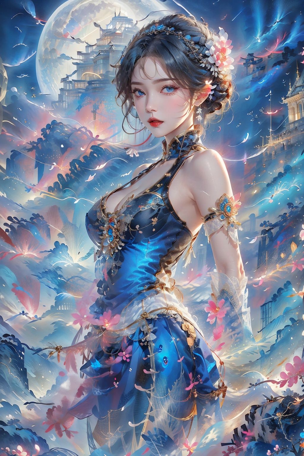 Peacock, 1 girl, solo, dress, gloves, feather dress, look at the audience, hair accessories, elbow gloves, Blue Eyes, cowboy shoot, standing, Hair Bun, bare shoulders, dress, hair bun, black gloves, flowers, Bangs, gray hair, shut up, black background, simple background,1 girl,yuzu,castle