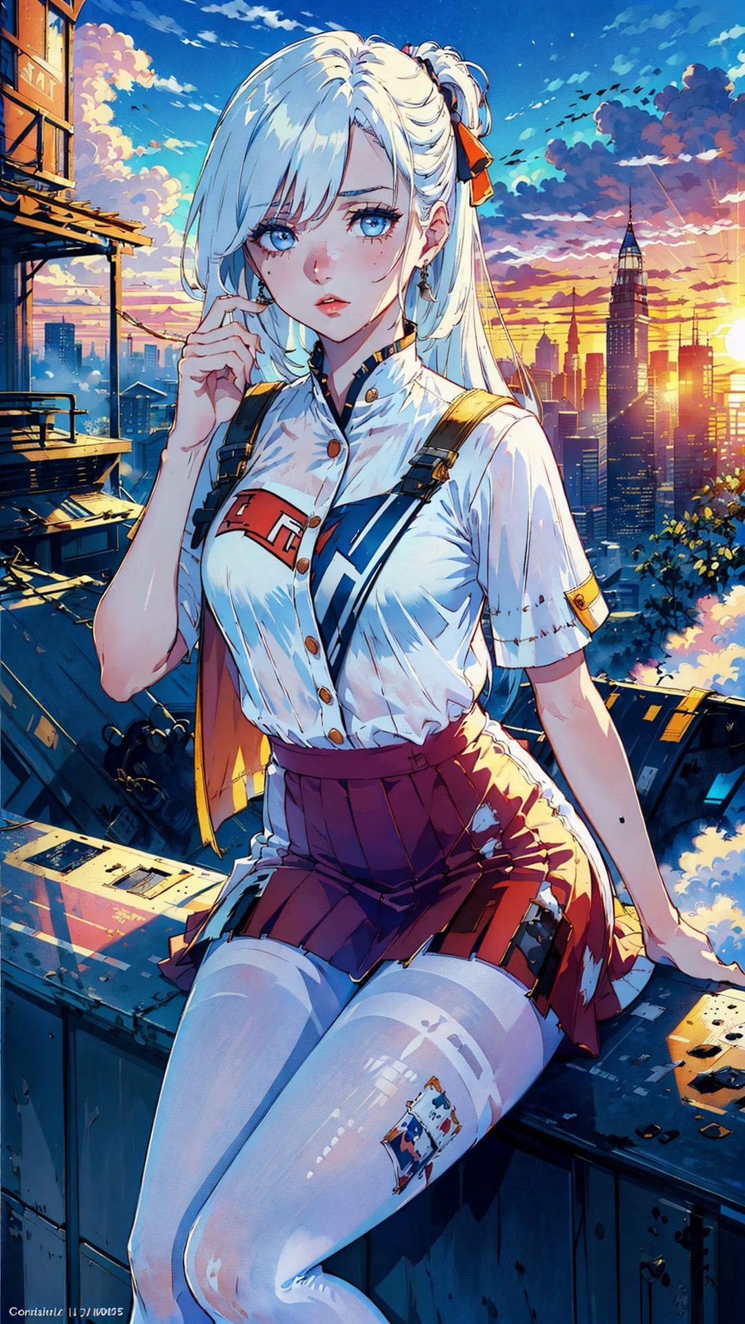 (masterpiece, top quality, best quality, official art, beautiful and aesthetic:1.2), (1girl), (traveler with worn-out clothes:1.4), extreme detailed eyes, (perfect face), shiny skin, colorful, highest detailed, vibrant colors, ultra high res, (high contrast), intricate, lens flare, (cloudy sky, sunset:1.2), (city), skirt, ,white pantyhose,tutubs,pantyhose,  <lora:tutubs_0001:0.65>