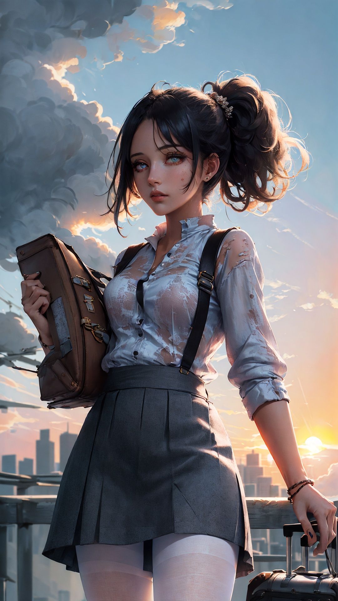 (masterpiece, top quality, best quality, official art, beautiful and aesthetic:1.2), (1girl), (traveler with worn-out clothes:1.4), extreme detailed eyes, (perfect face), shiny skin, colorful, highest detailed, vibrant colors, ultra high res, (high contrast), intricate, lens flare, (cloudy sky, sunset:1.2), (city), skirt, ,white pantyhose,tutubs,pantyhose,  <lora:tutubs_0001:0.65>