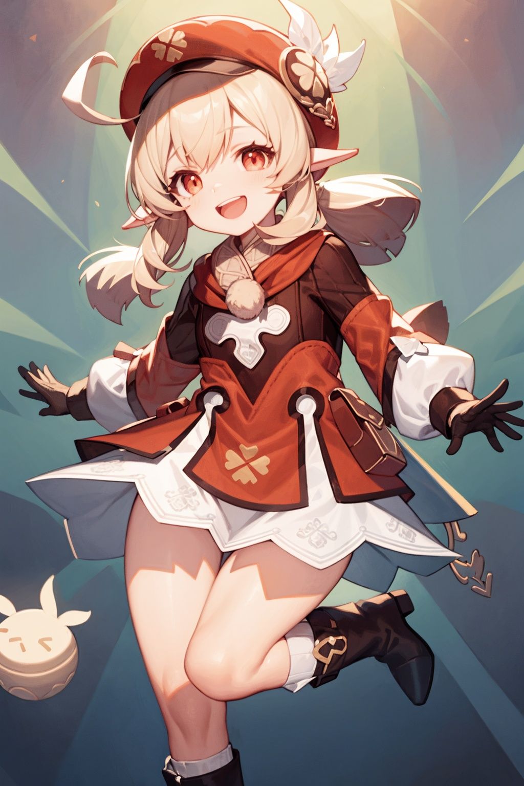 best quality,(masterpiece:1.3),fullbody,ultra-detailed,solo:1.3,1GIRL,klee (genshin impact),junp up,smiling,open mouth:0.3，1girl, gloves, hat, blonde hair,long sleeves, brown gloves, dress, low twintails,red eyes, pointy ears, long hair, knee boots, ribbed legweardodoco \(genshin impact\), jumpy dumpty, charm \(object\),<lora:klee (genshin impact) :1>