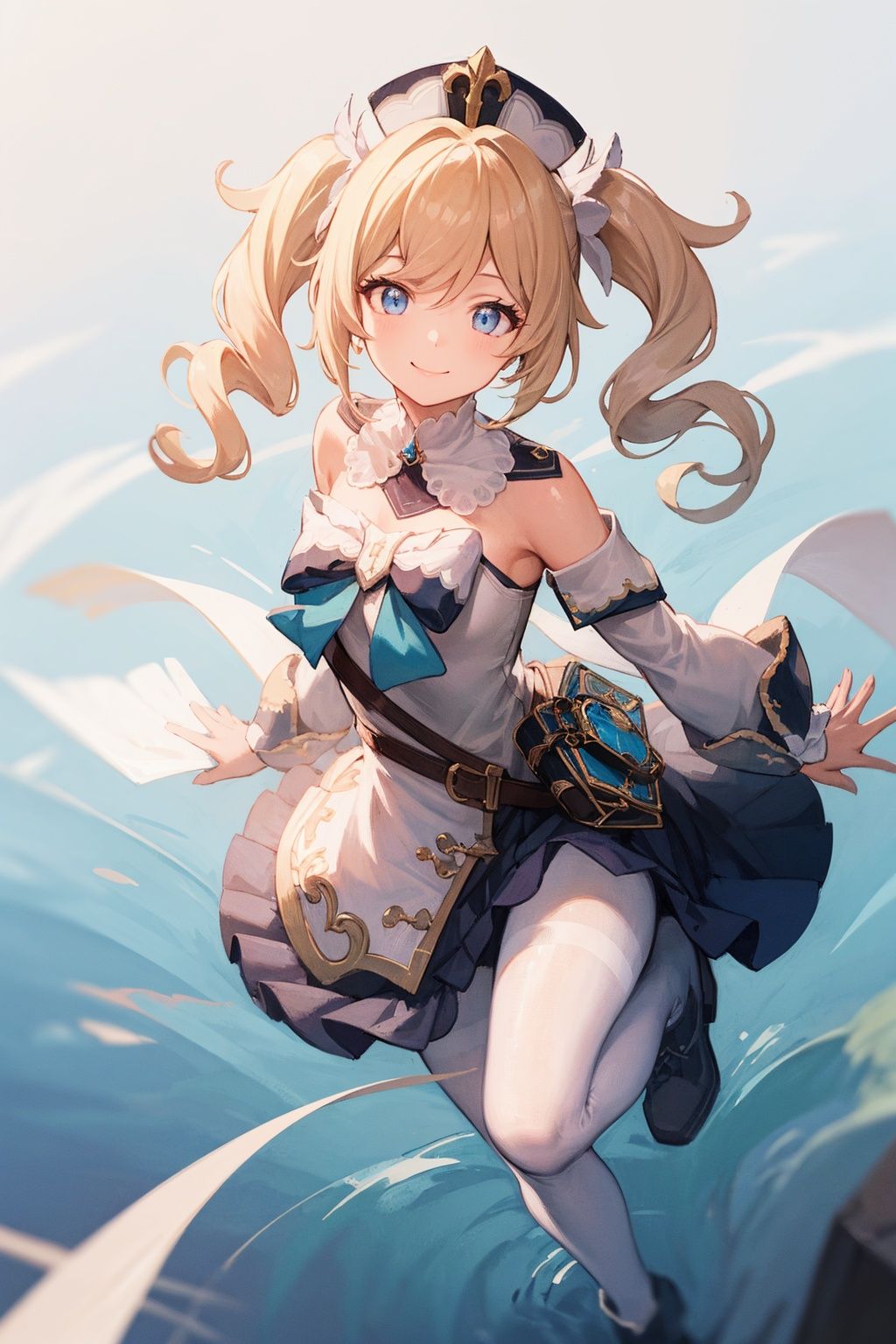 best quality,(masterpiece:1.3),fullbody,ultra-detailed,solo:1.3,1GIRL,smiling,dynamic pose, 1girl,hat,latin cross,blonde hair, long hair,twintails,twin drills, blue eyes,bow,white dress,frilled skirt,detached sleeves,white pantyhose,book,belt, <lora:barbara:1>