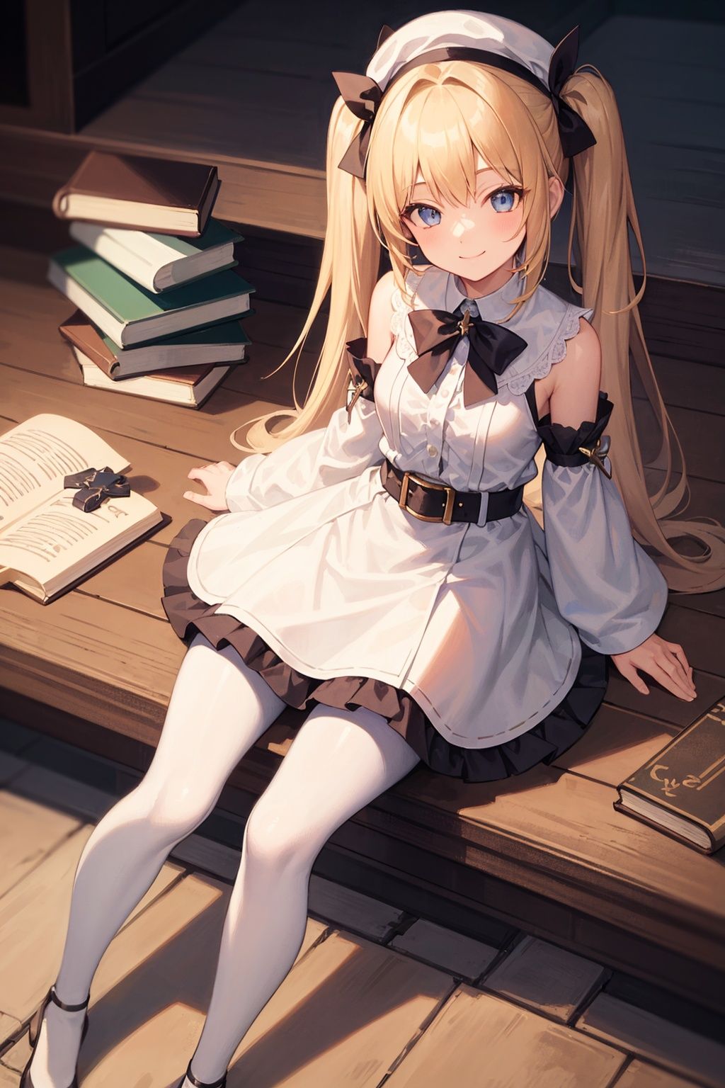 best quality,(masterpiece:1.3),fullbody,ultra-detailed,solo:1.3,1GIRL,smiling,1girl,hat,latin cross,blonde hair, long hair,twintails,twin drills, blue eyes,bow,white dress,frilled skirt,detached sleeves,white pantyhose,book,belt, <lora:barbara:0.0>