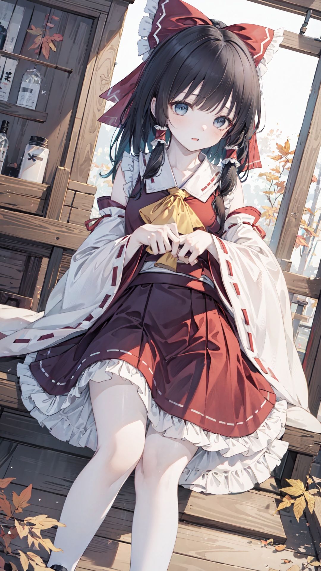 ,finely detail, Depth of field,(((masterpiece))),((extremely detailed CG unity 8k wallpaper)),best quality,high resolution illustration,Amazing,highres,intricate detail,(best illumination, best shadow, an extremely delicate and beautiful),

Japanese style architecture,shrine,autumn,night,

hakurei_reimu, hair_tubes, black hair,detached_sleeves, ribbon-trimmed_sleeves, ribbon_trim, 1girl, ascot, bow, frilled_bow, miko, yellow_ascot, gohei, hair_bow, skirt, red_skirt, torii, nontraditional_miko, solo, red_bow, frills, socks, mary_janes, wide_sleeves, , uwabaki
