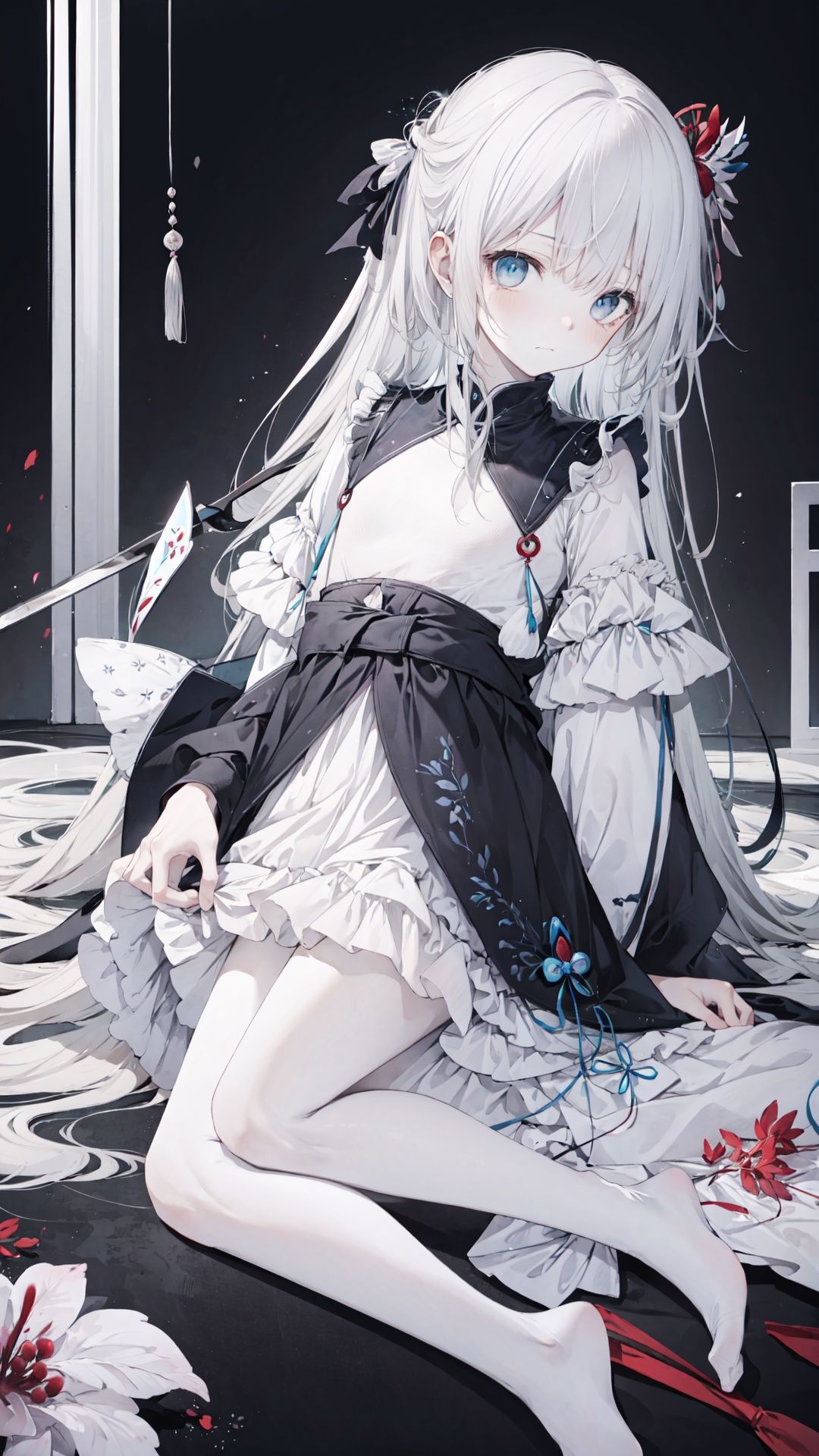 (1girl:0.6),azure theme,thin,very long hair,black and grey hair,blue eyes,(detailed eyes),small breasts, black coat,white lining,white skirt,socks,closed mouth,(sad),(Lycoris radiata),(Lycoris radiata),(black background),masterpiece,best quality,official art,extremely detailed CG unity 8k wallpaper,cozy anime,石蒜


