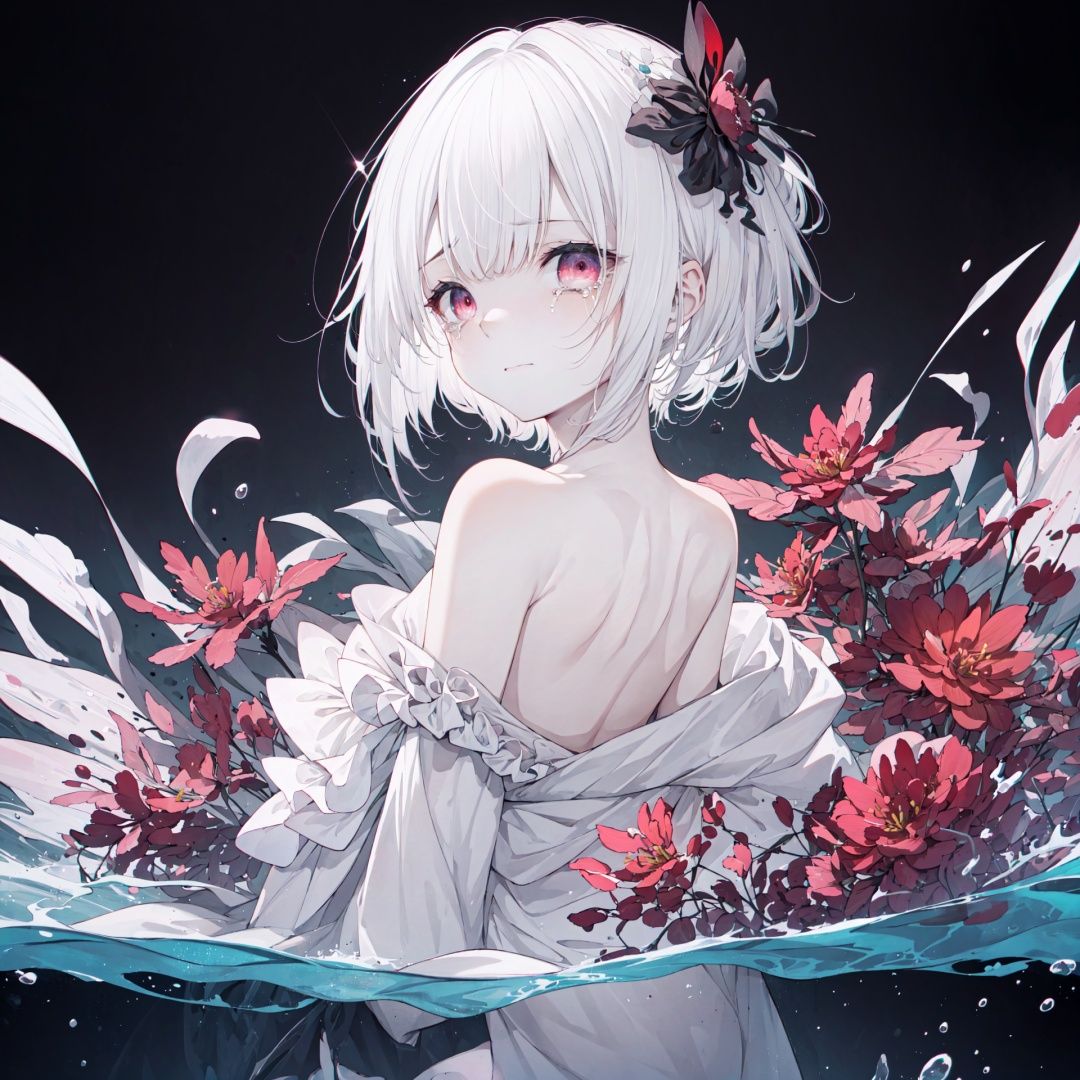 best quality, (chromatic aberration), (beautiful young female:1.4), (streaming tears), sad,  (Lycoris radiata), (Lycoris radiata), (Lycoris radiata), looking at viewer, partially submerged, topless, (white hair, short hair, bangs:1.2),  (glowing eyes), ripples, dark water, black background, (prismatic), 


