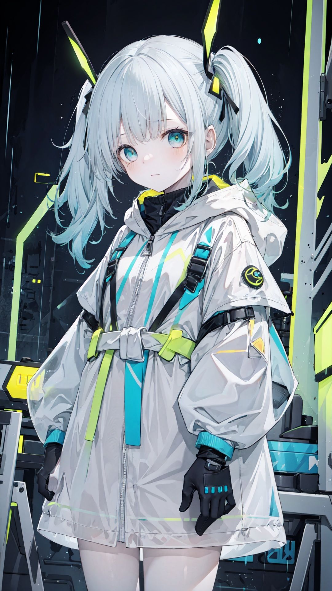 sci-fi girl, (disheveled hair), very long grey blue hair, twintails, mignon, above waist, detailed cute eyes,
(transparent raincoat), (transparent plastic cloak), long cyber hooded jacket, red led, green led, yellow led,