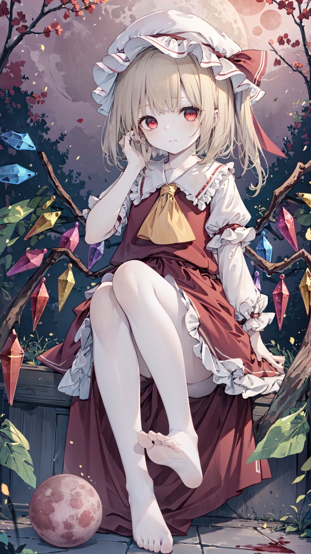 finely detail, Depth of field,(((masterpiece))),((extremely detailed CG unity 8k wallpaper)),best quality, high resolution illustration,Amazing,intricate detail,(best illumination, best shadow, an extremely delicate and beautiful),
フランドール・スカーレット,

full_moon, ((red moon)), night, outdoors, blood, bare_tree,(((Blood red sky))), bat swarm,

((((Flandre Scarlet))),Flandre Scarlet (((1 loli))),(((9 years old))), ((little girl)), ribbon,Blue Hair,golden hair,disheveled hair,side-pony,bat wing,DECAYING BAT WINGS,red Dress,red_moon, wings, solo, bloomers, hat_ribbon, barefoot, shower cap,red_eyes, looking_at_viewer,