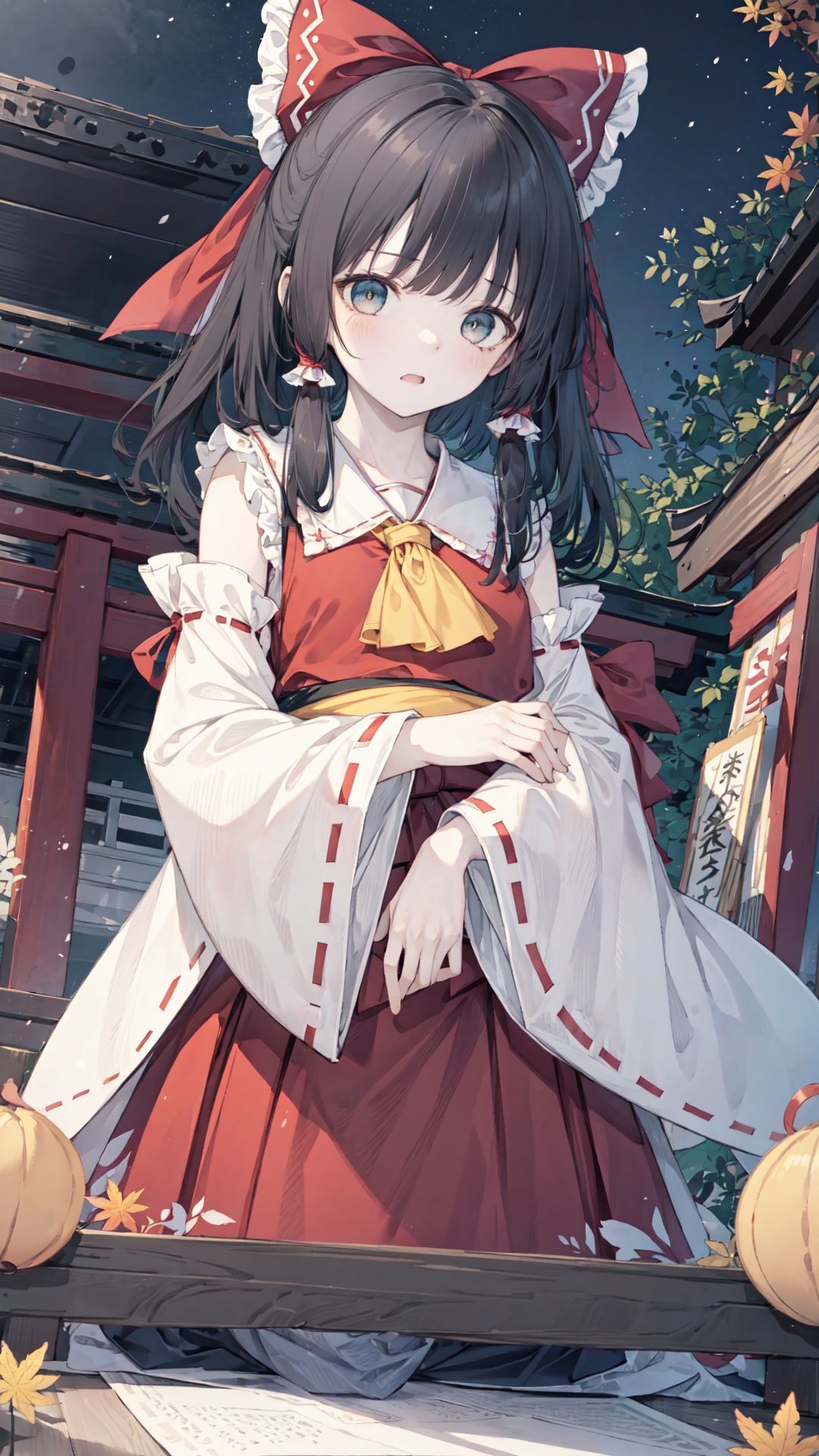 ,finely detail, Depth of field,(((masterpiece))),((extremely detailed CG unity 8k wallpaper)),best quality,high resolution illustration,Amazing,highres,intricate detail,(best illumination, best shadow, an extremely delicate and beautiful),

Japanese style architecture,shrine,autumn,night,

hakurei_reimu, hair_tubes, black hair,detached_sleeves, ribbon-trimmed_sleeves, ribbon_trim, 1girl, ascot, bow, frilled_bow, miko, yellow_ascot, gohei, hair_bow, skirt, red_skirt, torii, nontraditional_miko, solo, red_bow, frills, socks, mary_janes, wide_sleeves, , uwabaki
