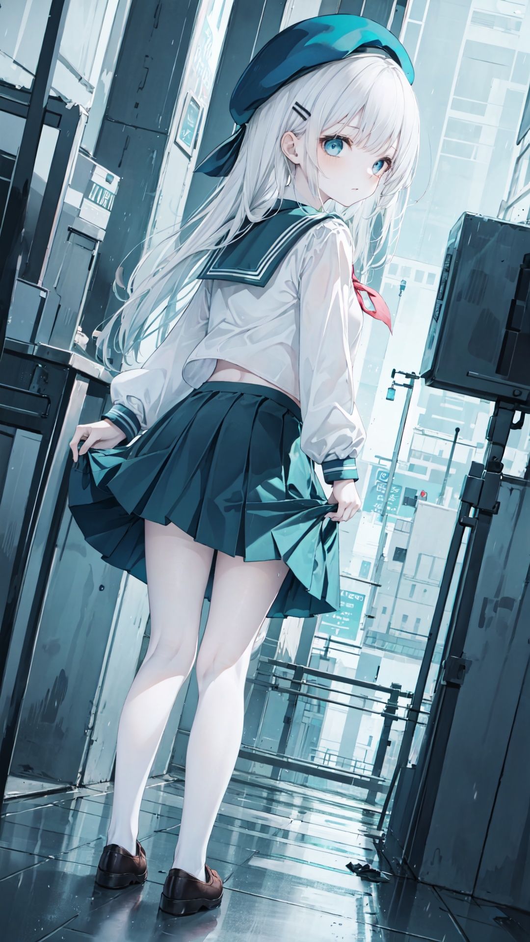 full body,{{masterpiece}},{best quality},{{{solo}}},8k wallpaper,Amazing,spotligh,(beautiful detailed eyes),(beautiful detailed girl),(looking back),depth of field,(cinematic angle:1.3),(Detailed details:1.3),Spotlight,

night,((city)),Wet pavement,(neon lights),((Parked cars)),(On the street),rainy day,skirt lift,No underwear, midriff, walking,

(1 girl),(((((solo))))),extremely delicate and beautiful girls,white hair,long hair, young,(small breast),(blue eyes),((White collared shirt),((White seifuku)), long sleeves,(Beautiful dark blue eyes),Lovely face,(paleturquoise beret),Female junior high school students,hairclip,(expressionless),(blackish green color medium skirt),(Black stockings),((uwabaki)),