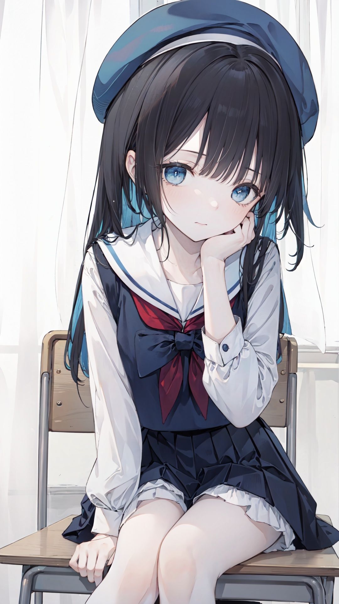 finely detail, Depth of field,(((masterpiece))),((extremely detailed CG unity 8k wallpaper)),best quality, high resolution illustration,Amazing,highres,intricate detail,(best illumination, best shadow, an extremely delicate and beautiful),


(((Classroom ))),((cumulonimbus)),(Tidy desk),(window),(White curtain),(Sit in a chair),(wind),


(1 girl),(((((solo))))),(((black hair))),long hair, young,((sailor suit)),cotta,((medium skirt )),(middle school student),(chin_rest),extremely delicate and beautiful girls,(blue eyes),beautiful detailed eyes,(Beautiful dark blue eyes),Lovely face,(((blue beret))),****