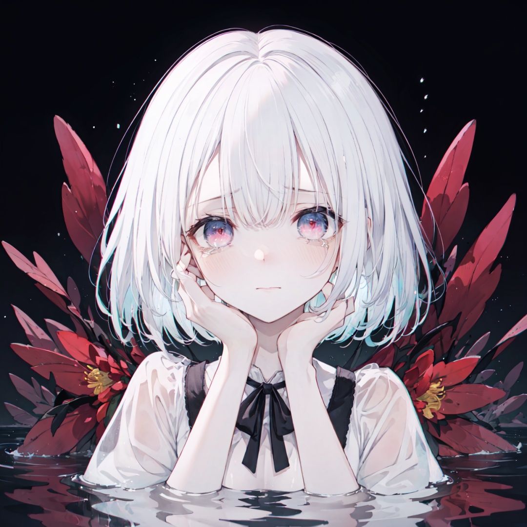 best quality, (chromatic aberration), (beautiful young female:1.4), (streaming tears), sad,  (Lycoris radiata), (Lycoris radiata), (Lycoris radiata), looking at viewer, partially submerged, both hands on own cheek, {see-through long shirt},,{no bra}
, (white hair, short hair, bangs:1.2),  (glowing eyes), ripples, dark water, black background, (prismatic), 


