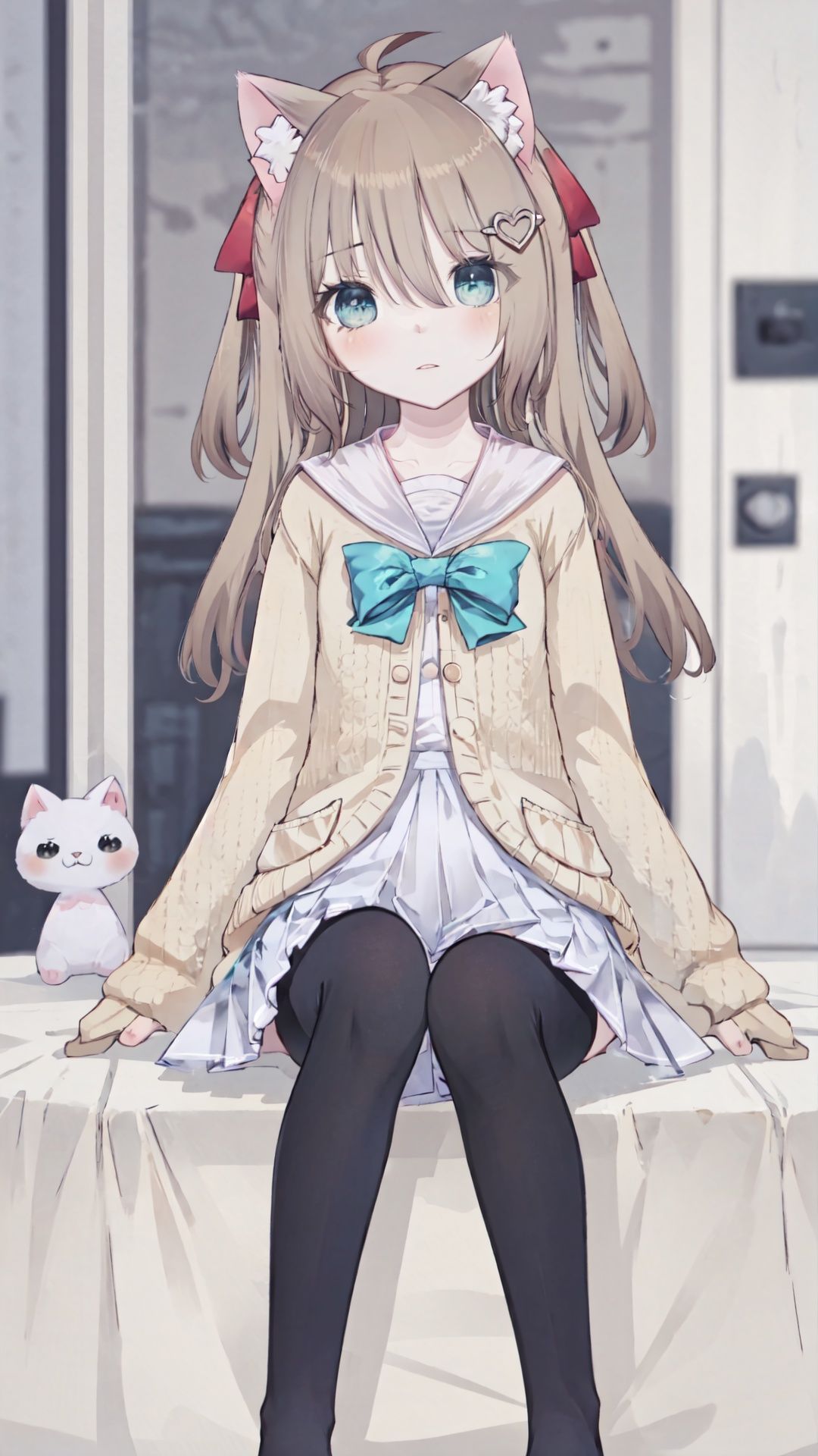 masterpiece, best quality, backlight, Tyndall effect, Crepuscular Rays, blurry, blurry_foreground, depth_of_field, animal_ears, cat_ears, cat_tail, stuffed_cat, cat_girl, tail, long_hair, 1girl, blurry_background, striped_legwear, stuffed_toy, striped, stuffed_animal, blue_eyes, yellow_hair, very_long_hair, hair_ornament, long_sleeves, collarbone, parted_lips, solo, bangs, hair_bobbles, blush, knees_up, looking_at_viewer, holding_stuffed_toy, holding,neuro-sama