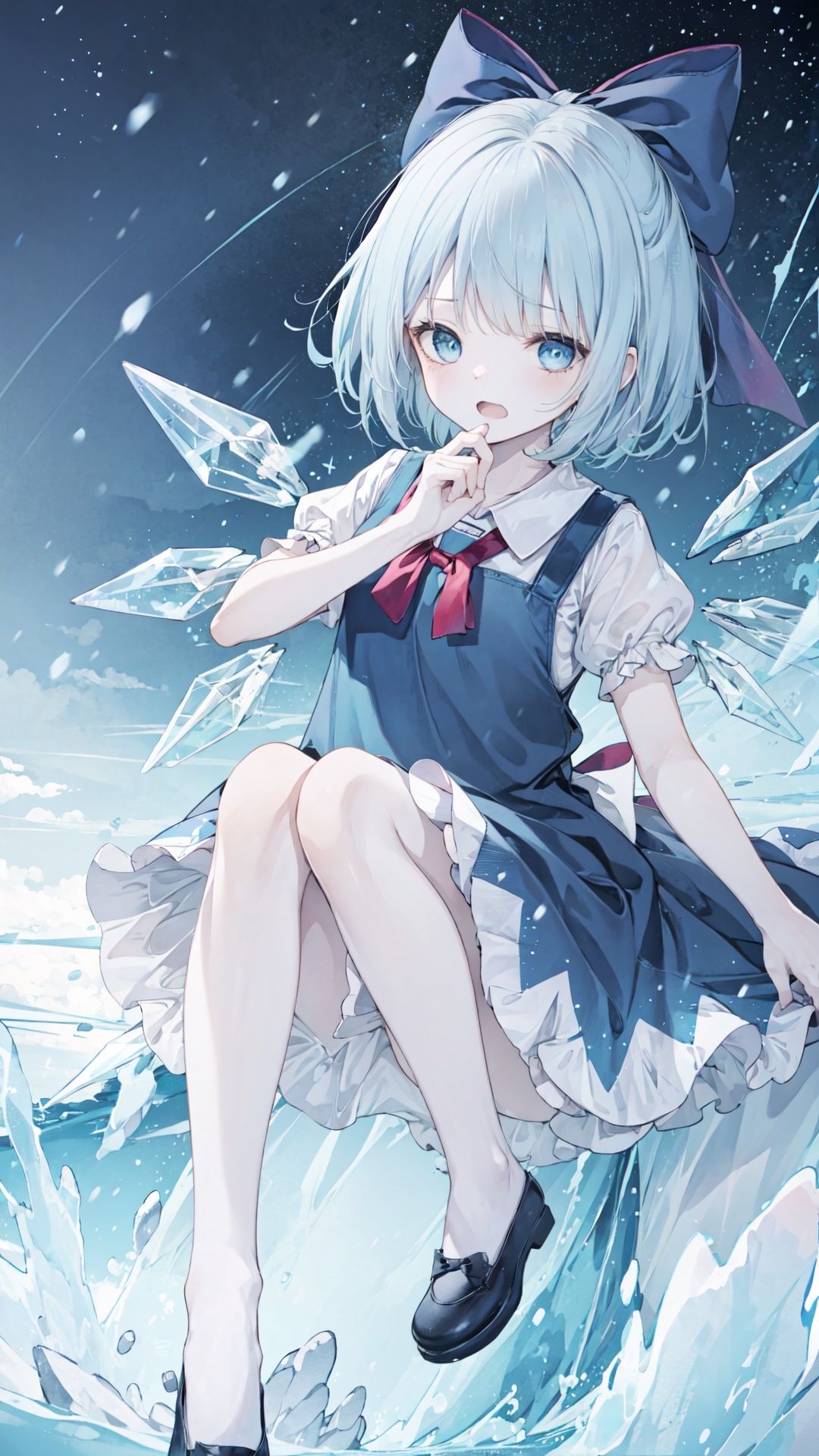 finely detail, Depth of field,(((masterpiece))),((extremely detailed CG unity 8k wallpaper)),best quality,high resolution illustration,Amazing,highres,intricate detail,(best illumination, best shadow, an extremely delicate and beautiful),

チルノ,Cirno,cirno, 1girl, wings, bow, ice, solo, blue_hair, star_\(sky\), dress, blue_dress, hair_bow, blue_eyes, blue_bow, ice_wings, starry_sky, open_mouth, underwear, sky, snowing, short_hair, short_sleeves, night_sky, shoes,