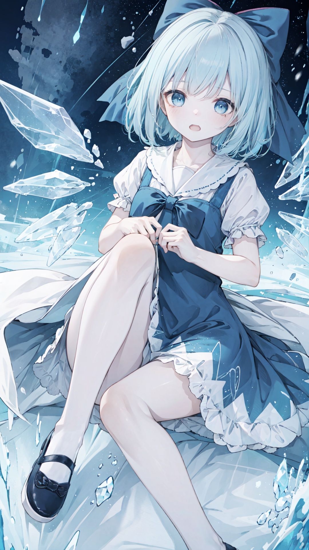 finely detail, Depth of field,(((masterpiece))),((extremely detailed CG unity 8k wallpaper)),best quality,high resolution illustration,Amazing,highres,intricate detail,(best illumination, best shadow, an extremely delicate and beautiful),

チルノ,Cirno,cirno, 1girl, wings, bow, ice, solo, blue_hair, star_\(sky\), dress, blue_dress, hair_bow, blue_eyes, blue_bow, ice_wings, starry_sky, open_mouth, underwear, sky, snowing, short_hair, short_sleeves, night_sky, shoes,