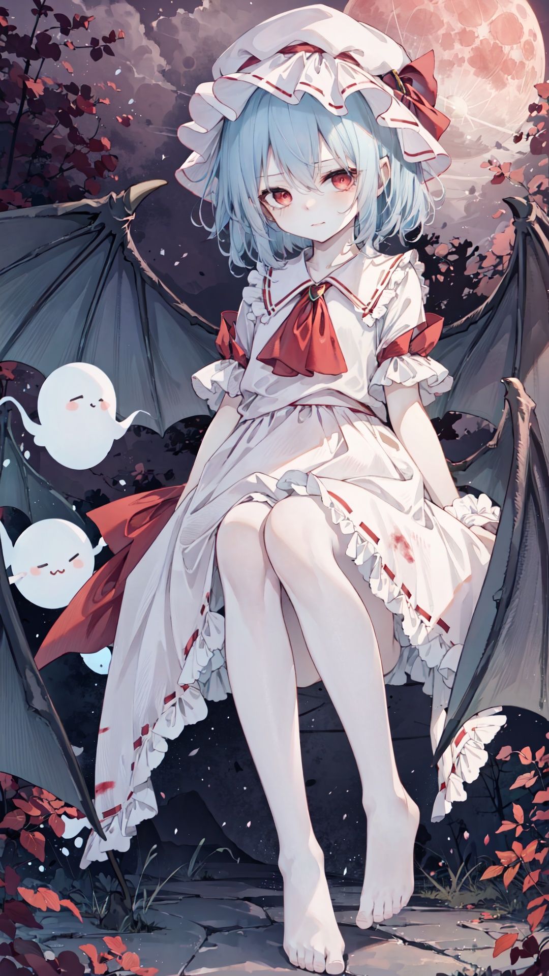 finely detail, Depth of field,(((masterpiece))),((extremely detailed CG unity 8k wallpaper)),best quality, high resolution illustration,Amazing,intricate detail,(best illumination, best shadow, an extremely delicate and beautiful), レミリア・スカーレット, full_moon, ((red moon)), night, outdoors, blood, bare_tree,(((Blood red sky))), bat swarm, ((((remilia_scarlet))),Remilia Scarlet, (((1 loli))),(((9 years old))), ((little girl)), ribbon,Blue Hair,short hair,disheveled hair ,bat wing,DECAYING BAT WINGS,White Dress,red_moon, wings, solo, bloomers, hat_ribbon, barefoot, red_eyes, looking_at_viewer,evil ghost