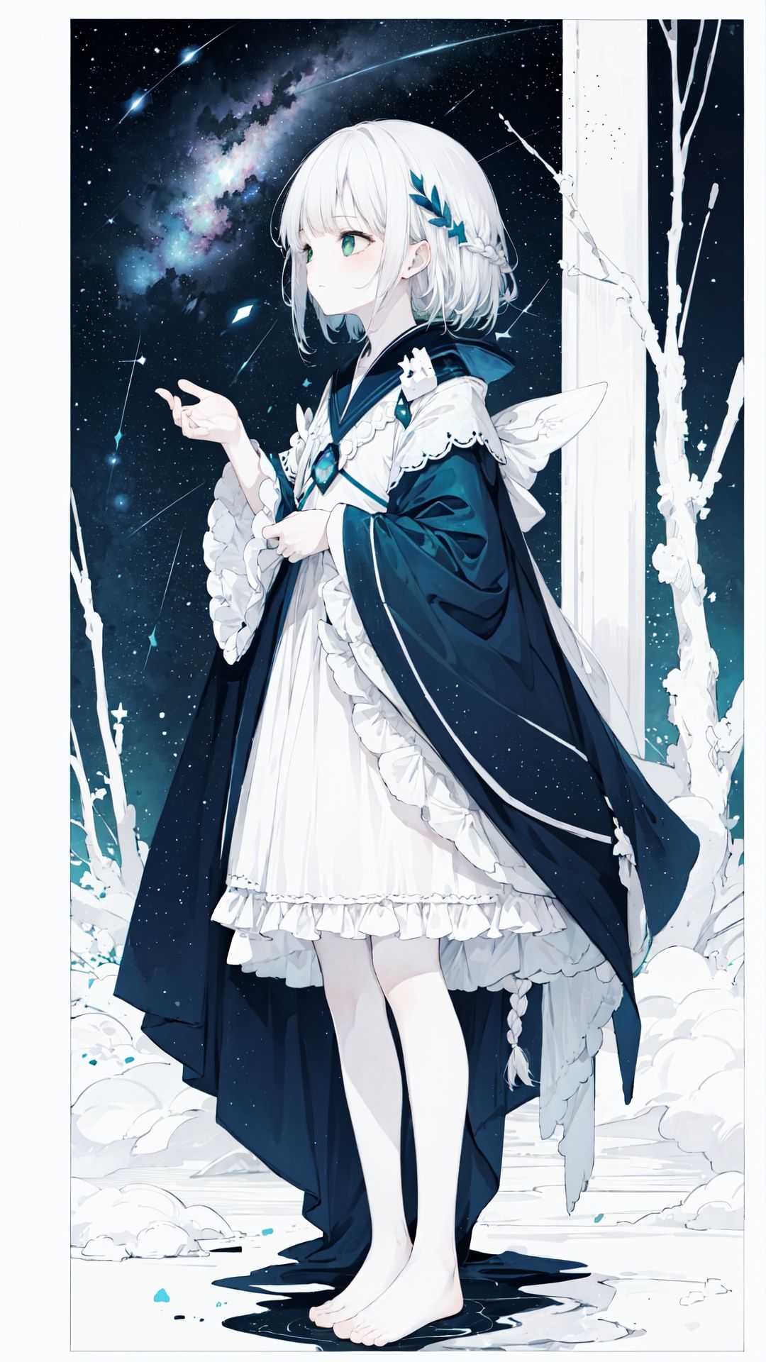 (green, silver, glimmer)),limited palette,contrast,phenomenal aesthetic,best quality,sumptuous artwork,(masterpiece),(best quality),(ultra-detailed),(((illustration))),((an extremely delicate and beautiful)),(detailed light),qua theme,cold theme,broken glass,broken wall,((an array of stars)),((starry sky)),the Milky Way,star,Reflecting the starry water surface,(1girl:1.3),awhite hair,blinking,white dress,closed mouth,constel lation,flat color,noline art,white hair,braid,blinking,white robe,barefoot,float,flat color,looking up,standing,medium hair,standing,solo,space,universe,Nebula,many stars,fanxing,