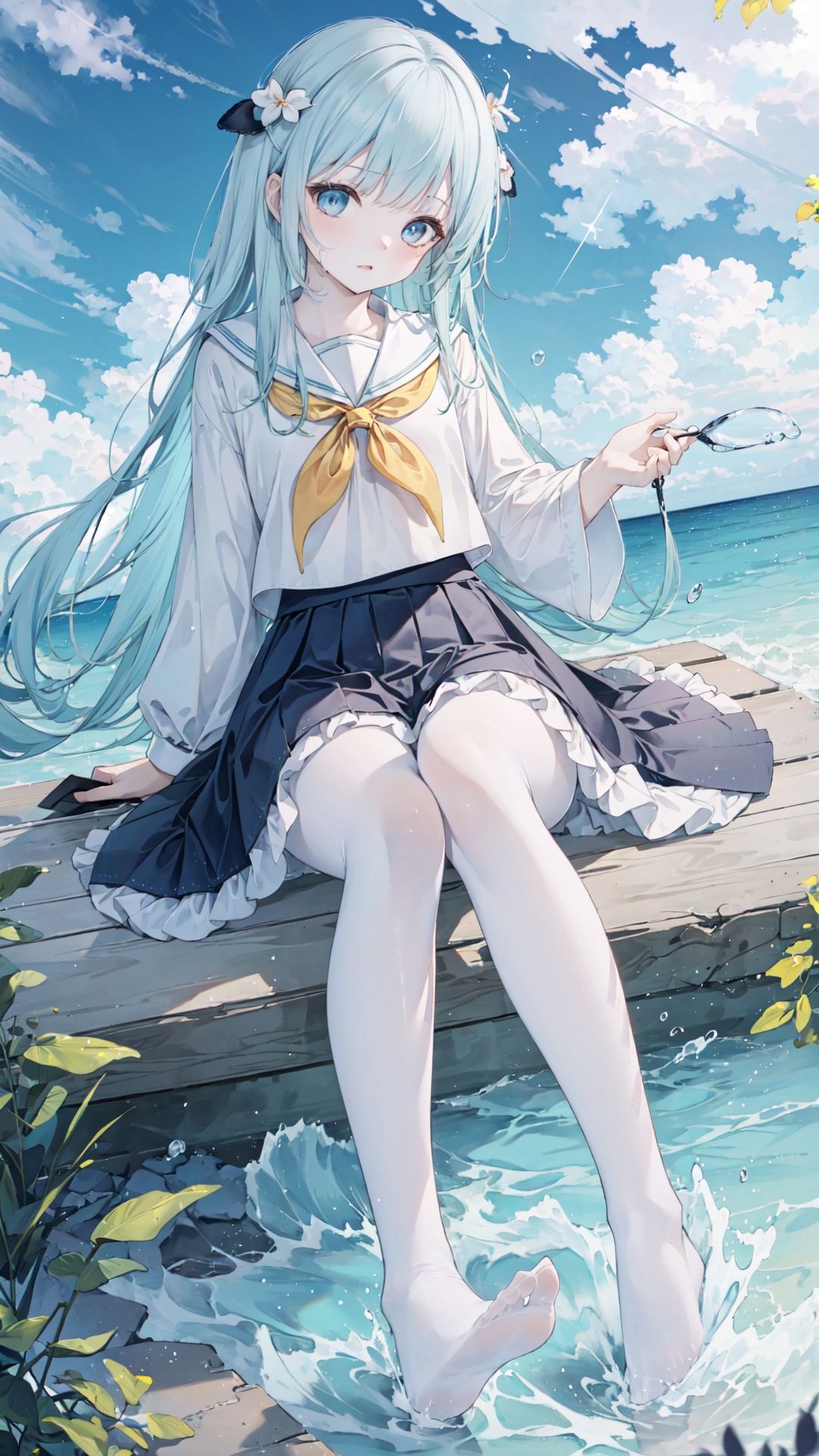 full_body,(((dark))),finely detail, (dark),Depth of field,(((masterpiece))),((extremely detailed CG unity 8k wallpaper)),best quality, high resolution illustration,Amazing,intricate detail,(best illumination, best shadow, an extremely delicate and beautiful),
(((Tyndall effect))),randomly distributed clouds,autumn,cumulonimbus,In water,ocean,Flying splashes,Beautiful and detailed water,splashing water,dappled sunlight,

((1 girl)), white_legwear, long_hair, stocking,blue_hair, holding, serafuku, blue_skirt,wet clothes,Wet stockings,bare feet,