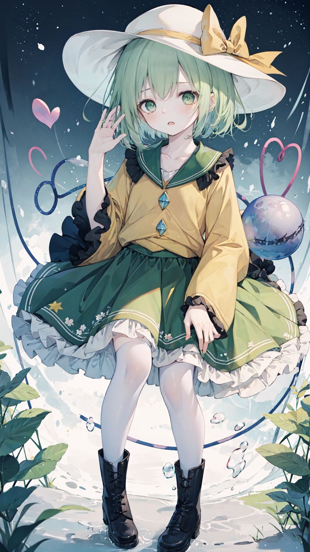 masterpiece,(illustration:1.2),(Cinematic Lighting),star,moon,bubble,fantastic,plant,best quality,
1girl,solo,hat,komeiji koishi,skirt,heart,shirt,thighhighs,green skirt,long sleeves,ribbon,looking at viewer,wide sleeves,third eye,frills,yellow shirt,hat ribbon,star (symbol),flower,green hair,black headwear,full body,short hair,blue eyes,blush,frilled sleeves,frilled shirt collar,gradient,green eyes,collarbone,frilled skirt,hat bow,yellow ribbon,bow,eyeball,floral print,yellow bow,blouse,parted lips,heart of string,bangs,open mouth,boots,