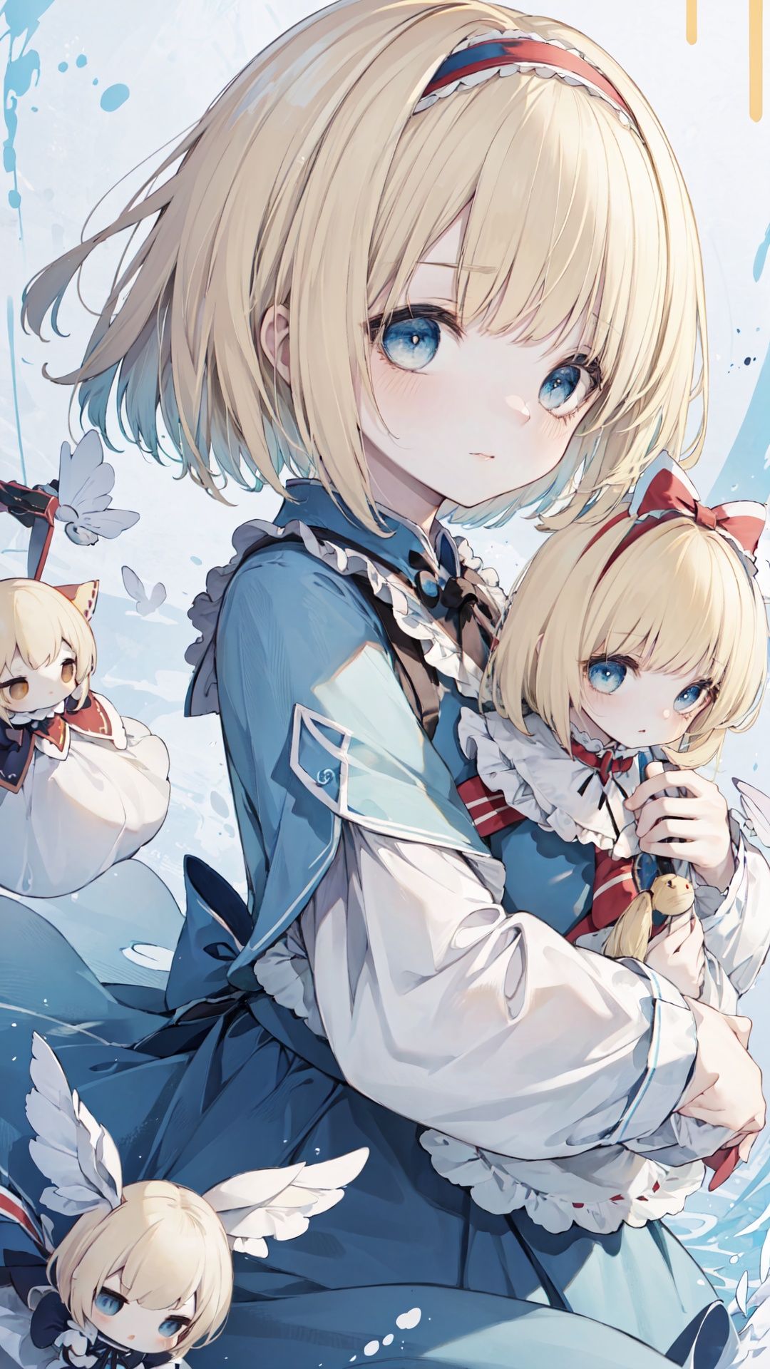 finely detail, Depth of field,(((masterpiece))),((extremely detailed CG unity 8k wallpaper)),best quality,high resolution illustration,Amazing,highres,intricate detail,(best illumination, best shadow, an extremely delicate and beautiful),


(((Alice Margatroid))),(((Floating Shanghai Ningyou))),(((Floating Hourai Ningyou))),((((fumo doll)))),(a girl),Alice,(((((solo))))),Floating Doll,(((Blond Short Hair))),female focus,(beautiful detailed girl),lovely face, extremely delicate and beautiful girls,(blue eyes),((frilled shirt),(darkblue medium skirt)