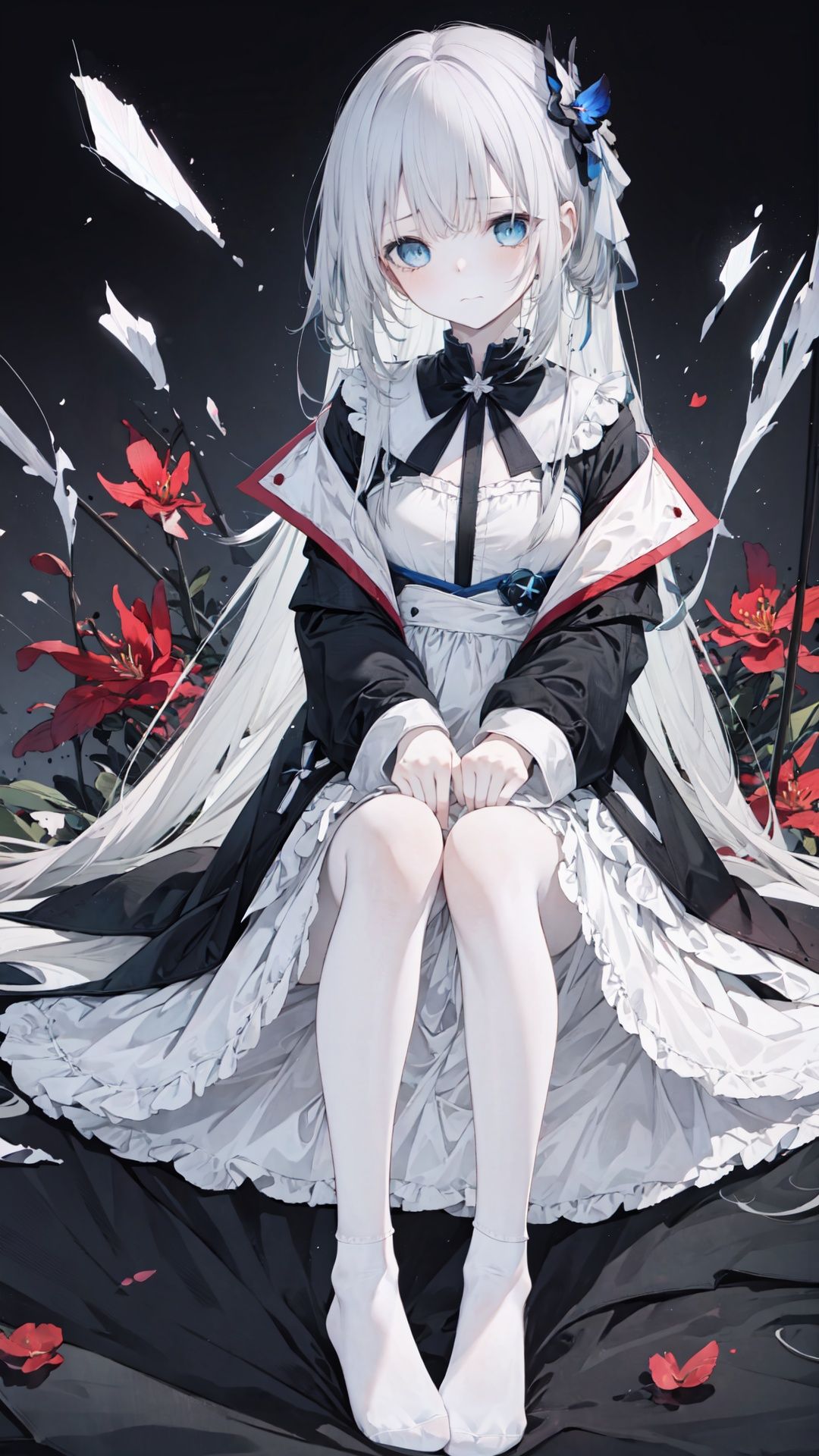 (1girl:0.6),azure theme,thin,very long hair,black and grey hair,blue eyes,(detailed eyes),small breasts, black coat,white lining,white skirt,socks,closed mouth,(sad),(Lycoris radiata),(Lycoris radiata),(black background),masterpiece,best quality,official art,extremely detailed CG unity 8k wallpaper,cozy anime,石蒜

